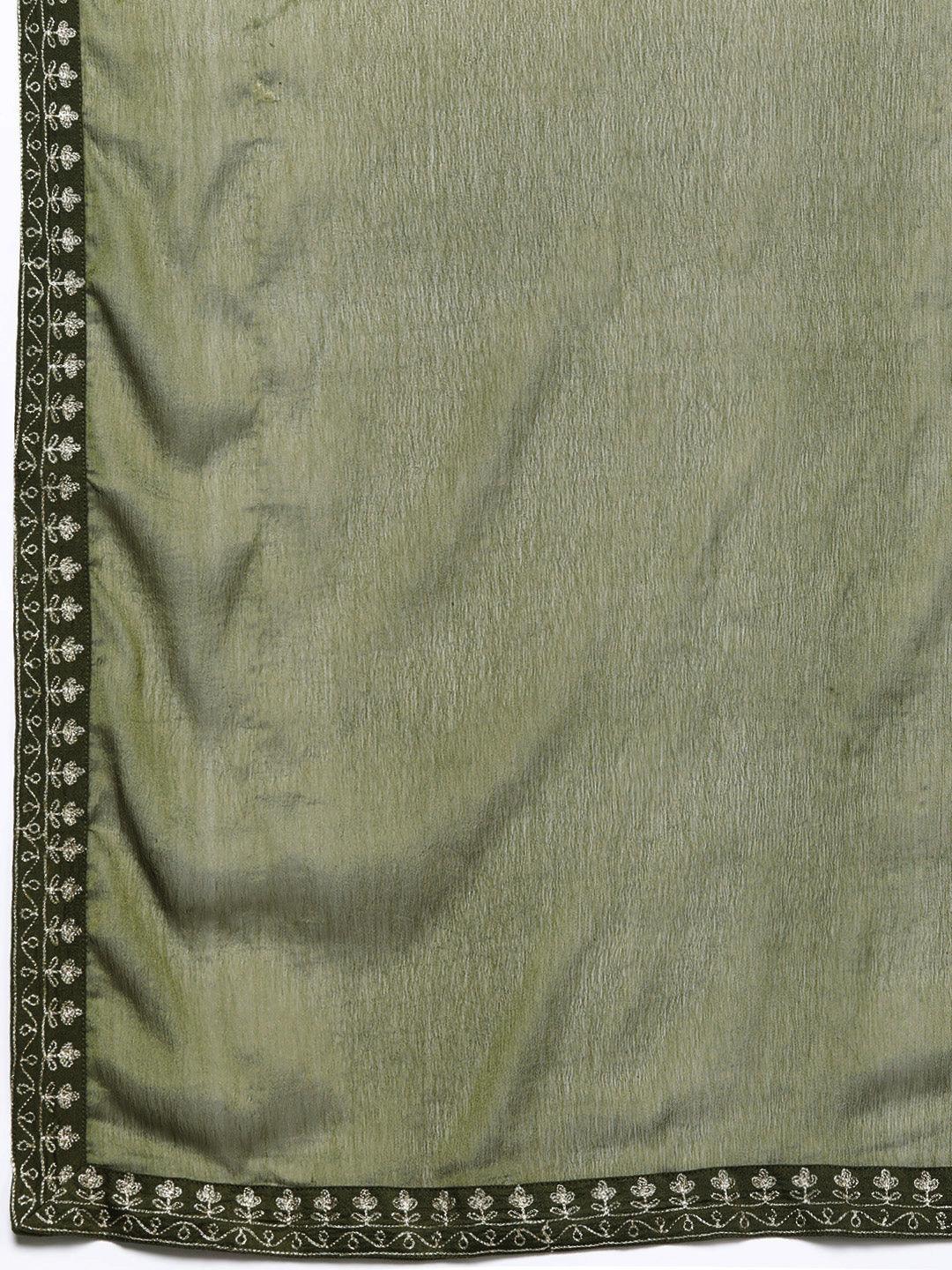 Olive Yoke Design Silk Blend Straight Kurta With Trousers & Dupatta - ShopLibas 