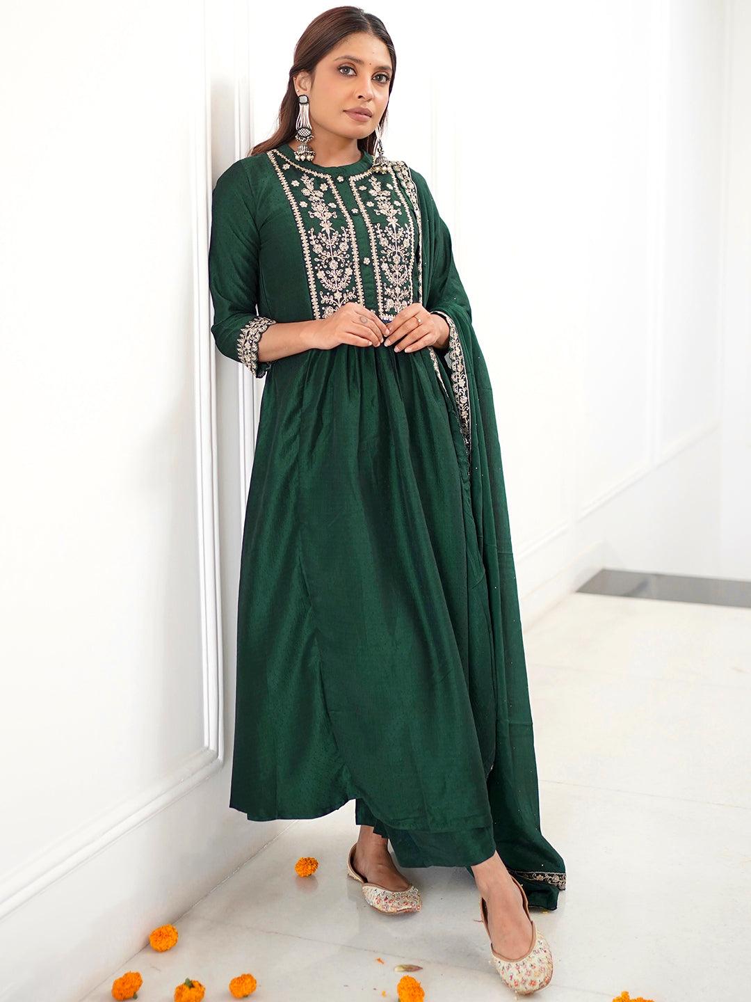 Green Yoke Design Silk Blend Anarkali Kurta With Palazzos & Dupatta - ShopLibas