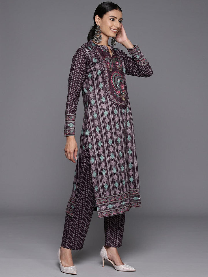Purple Printed Wool Blend Straight Suit With Dupatta