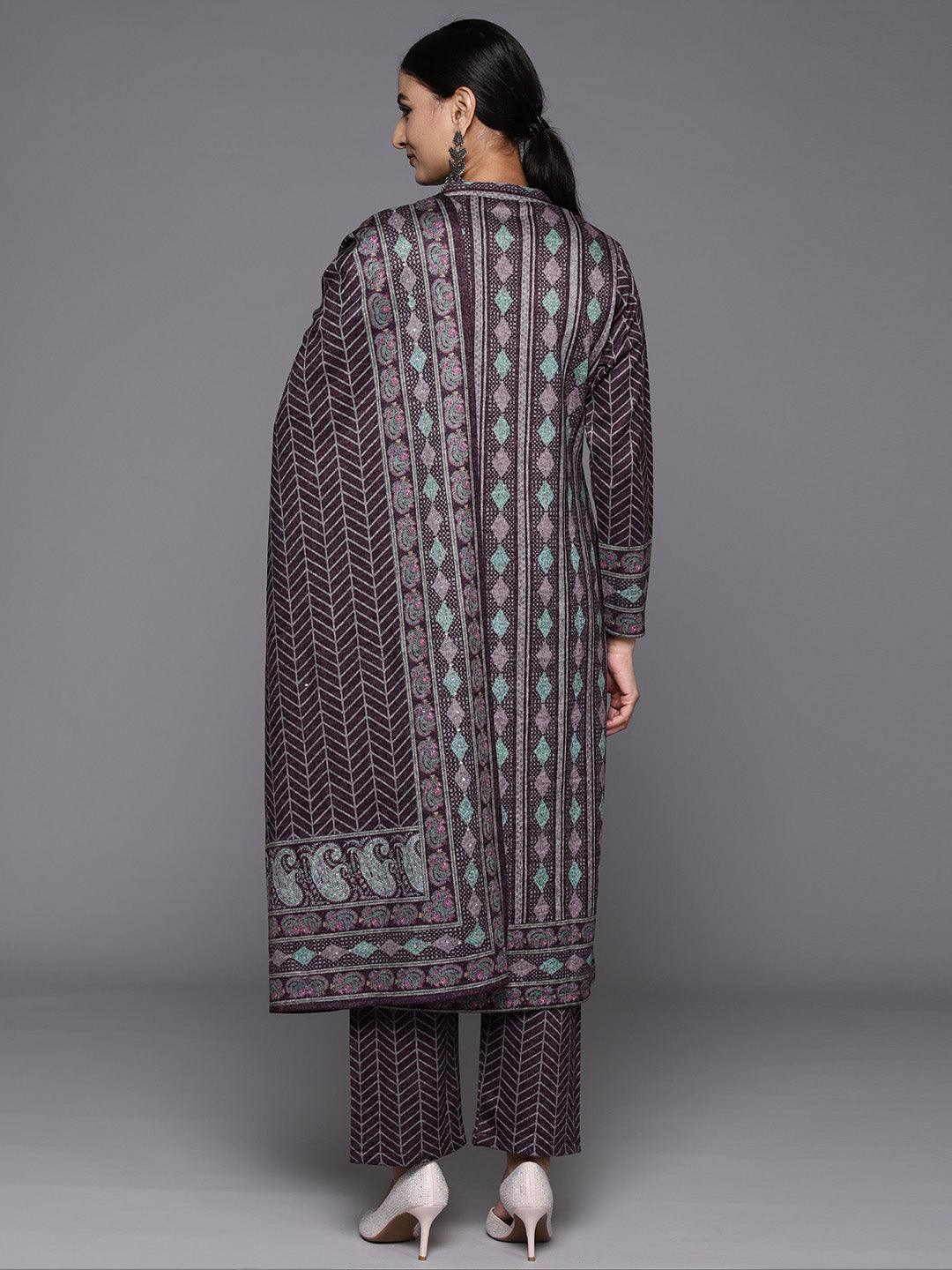 Purple Printed Wool Blend Straight Kurta With Palazzos & Dupatta - ShopLibas 