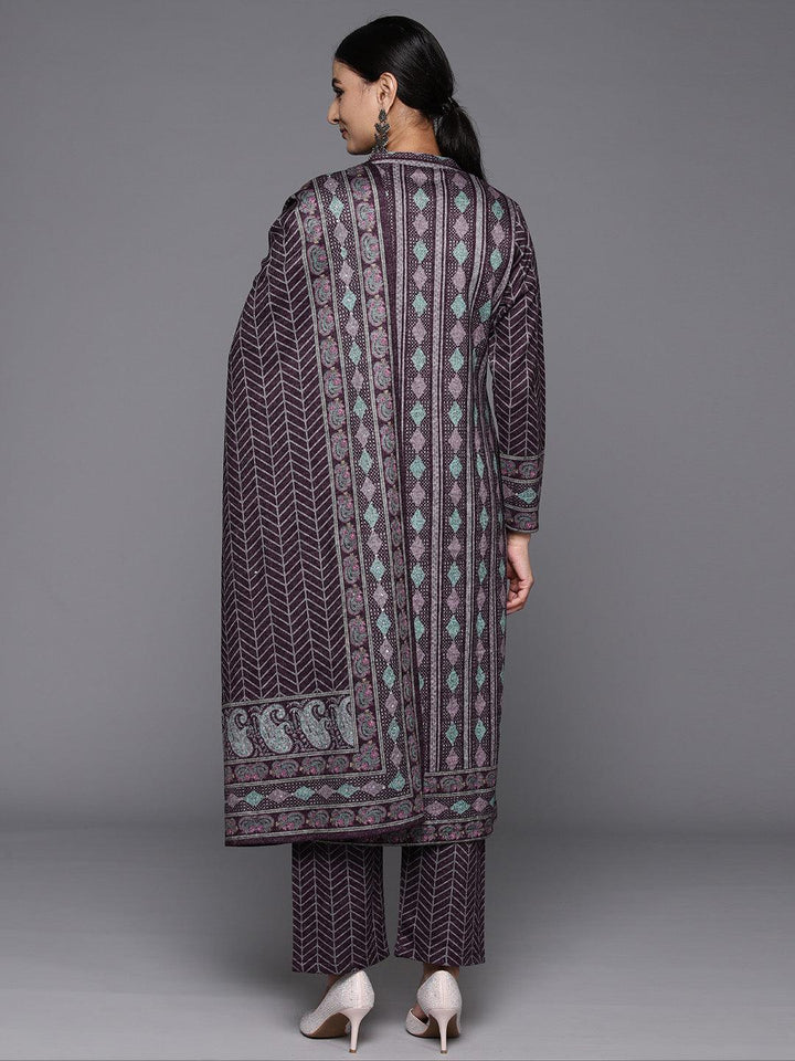 Purple Printed Wool Blend Straight Suit With Dupatta