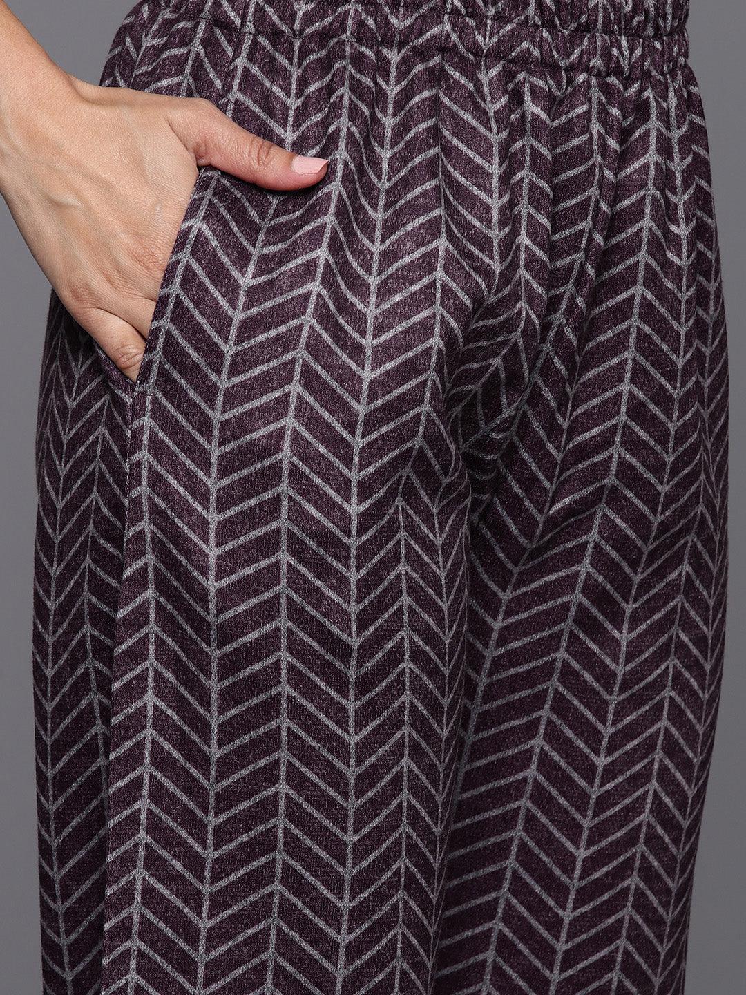 Purple Printed Wool Blend Straight Kurta With Palazzos & Dupatta - ShopLibas 