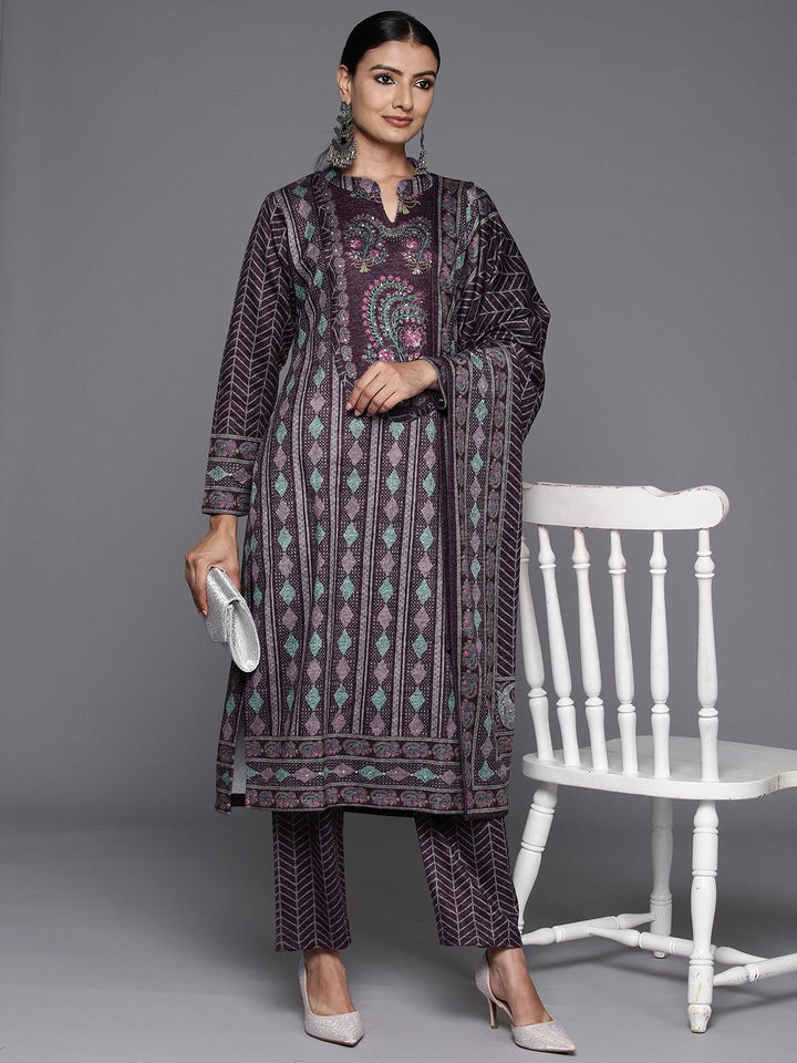 Purple Printed Wool Blend Straight Suit With Dupatta