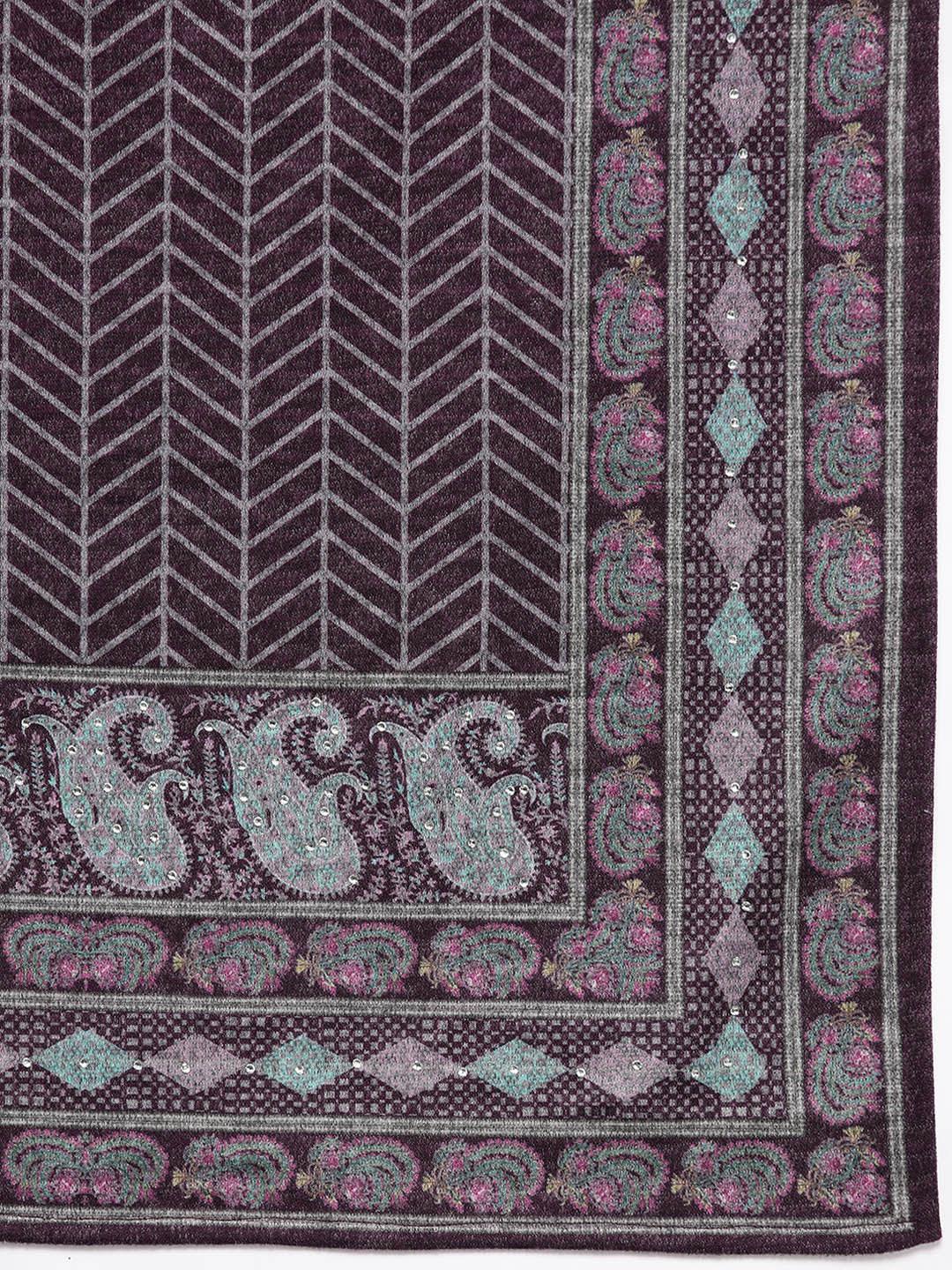 Purple Printed Wool Blend Straight Kurta With Palazzos & Dupatta - ShopLibas 