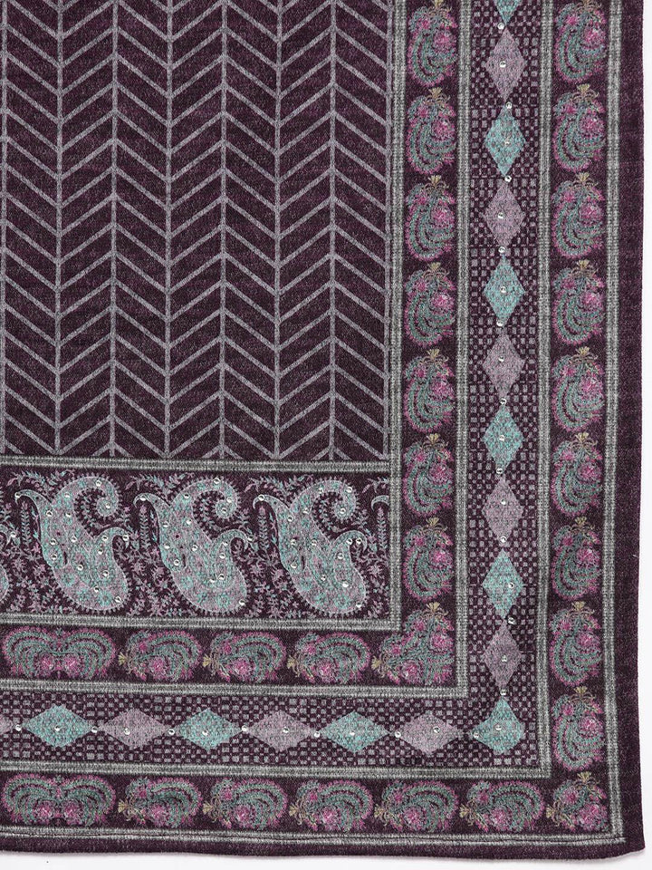 Purple Printed Wool Blend Straight Suit With Dupatta