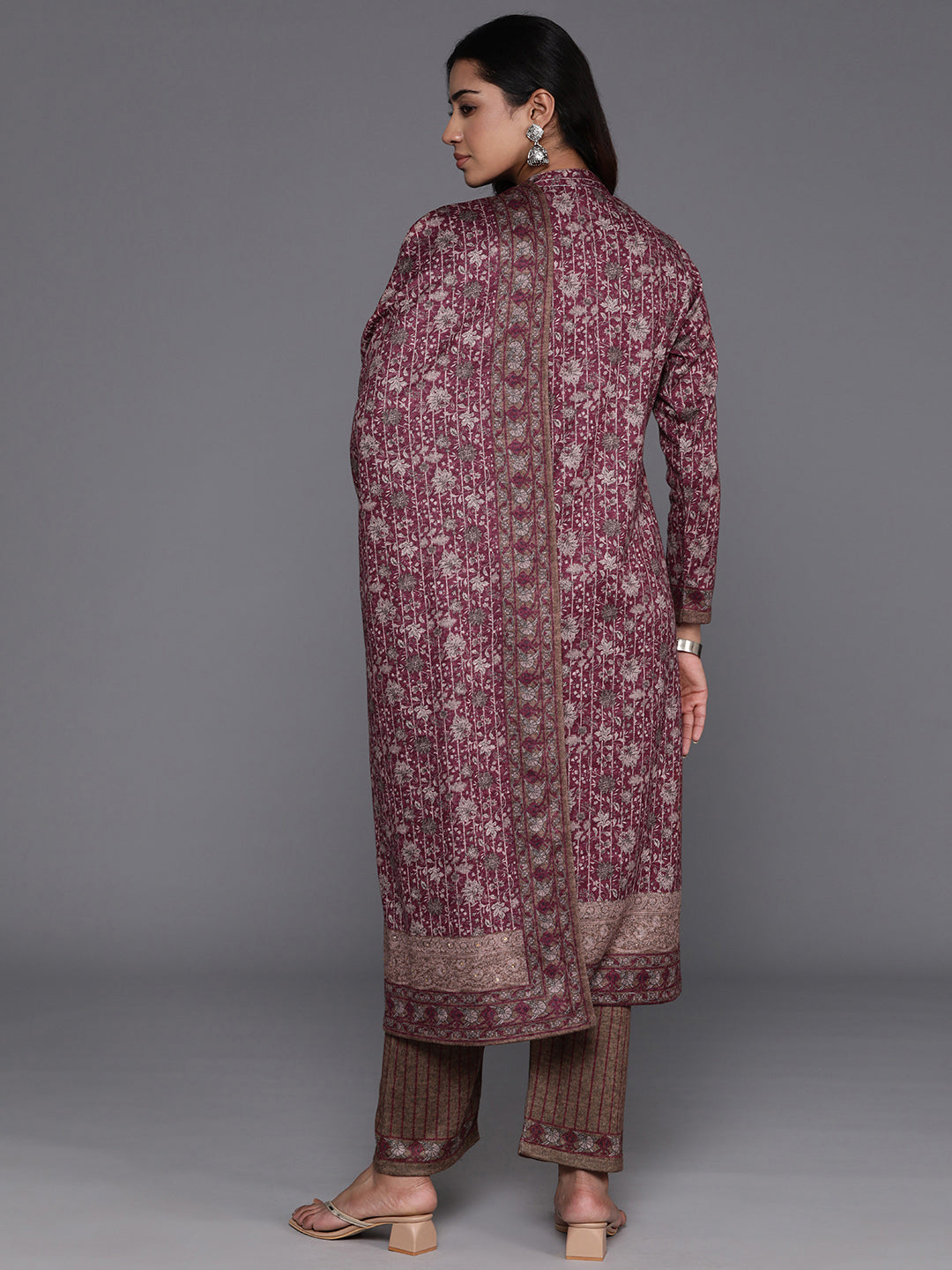 Maroon Printed Wool Blend Straight Suit With Dupatta