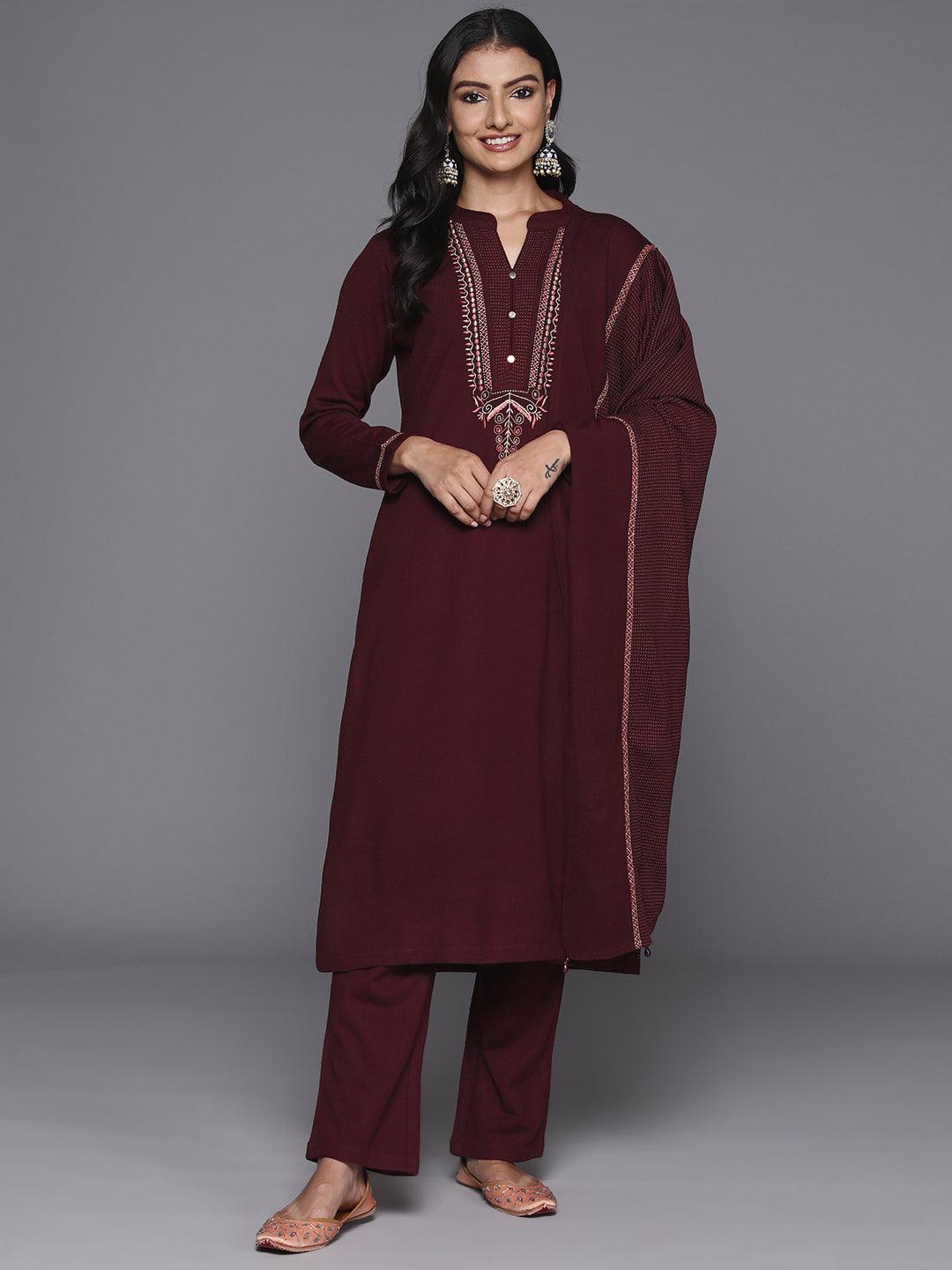 Maroon Yoke Design Wool Blend Straight Kurta With Palazzos & Dupatta - ShopLibas 