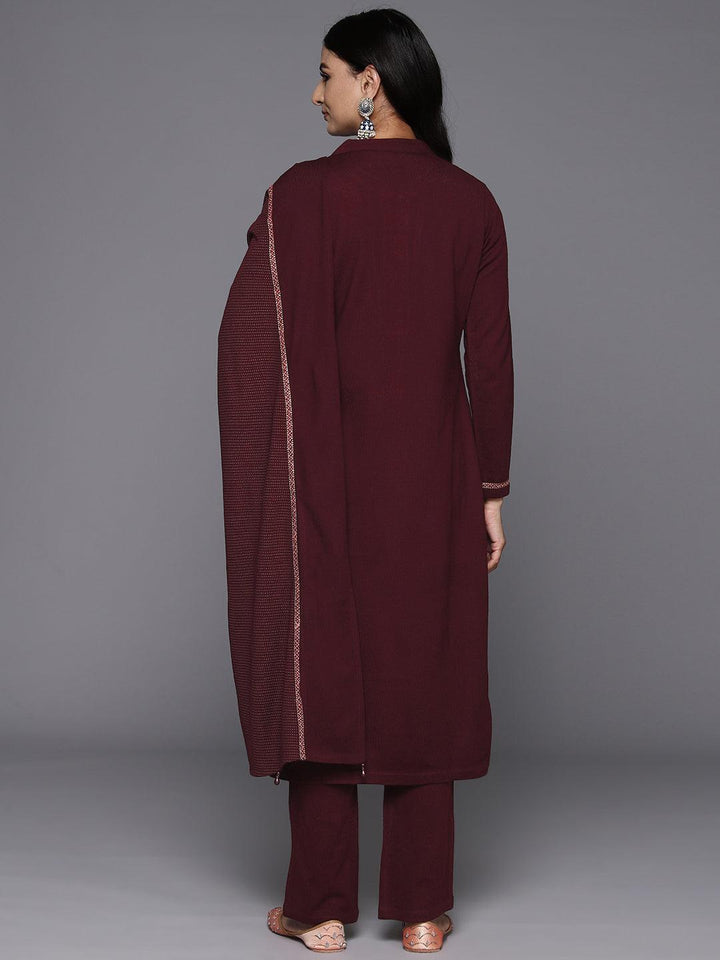 Maroon Yoke Design Wool Blend Straight Suit With Dupatta