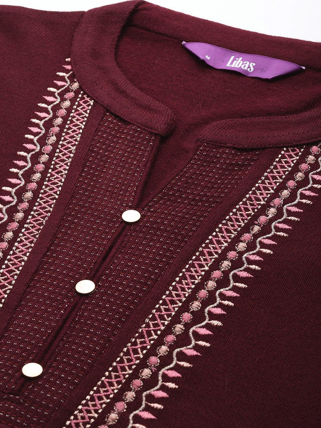 Maroon Yoke Design Wool Blend Straight Kurta With Palazzos & Dupatta - ShopLibas 