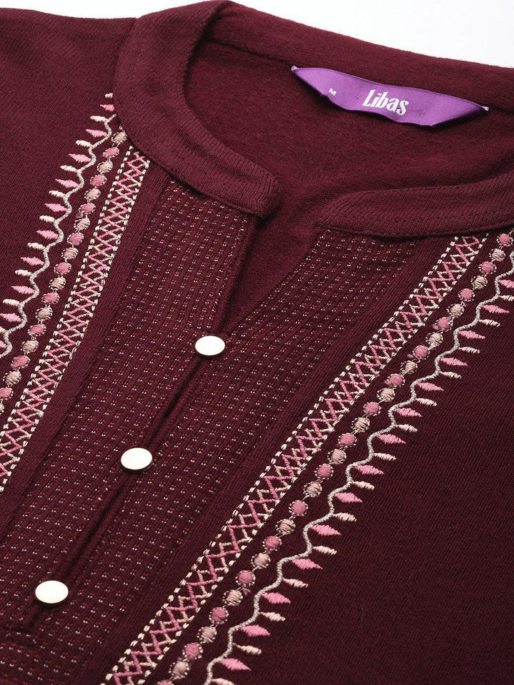 Maroon Yoke Design Wool Blend Straight Suit With Dupatta