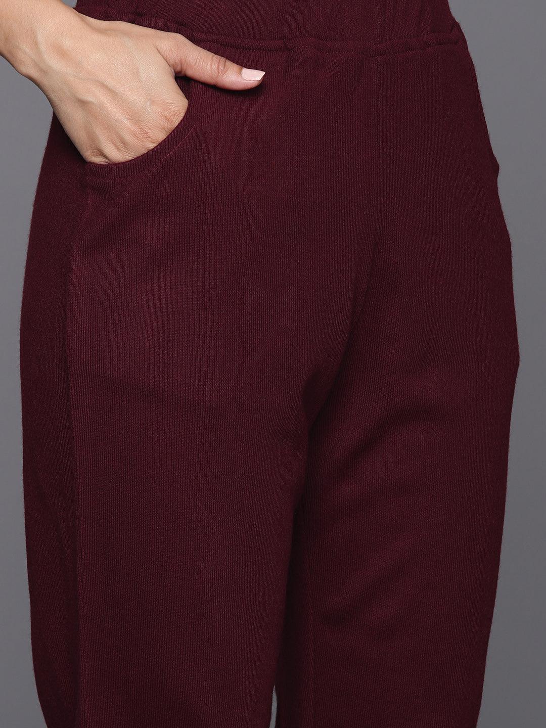 Maroon Yoke Design Wool Blend Straight Kurta With Palazzos & Dupatta - ShopLibas 