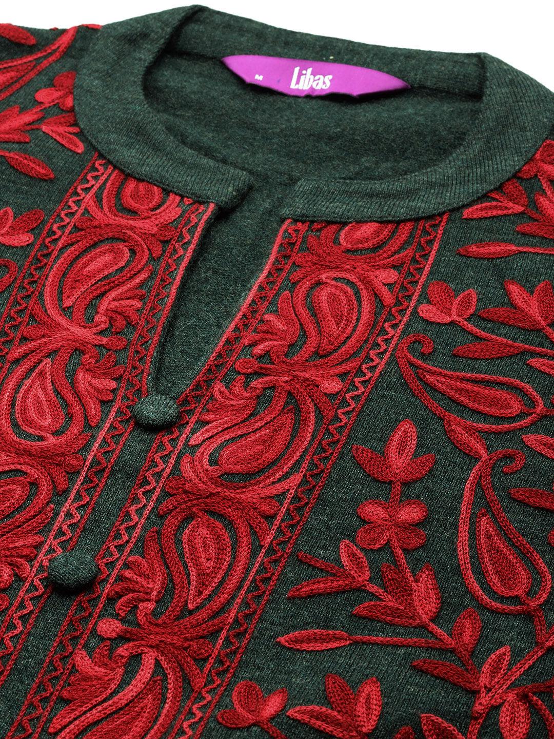 Green Embroidered Wool Straight Kurta With Trousers - ShopLibas 