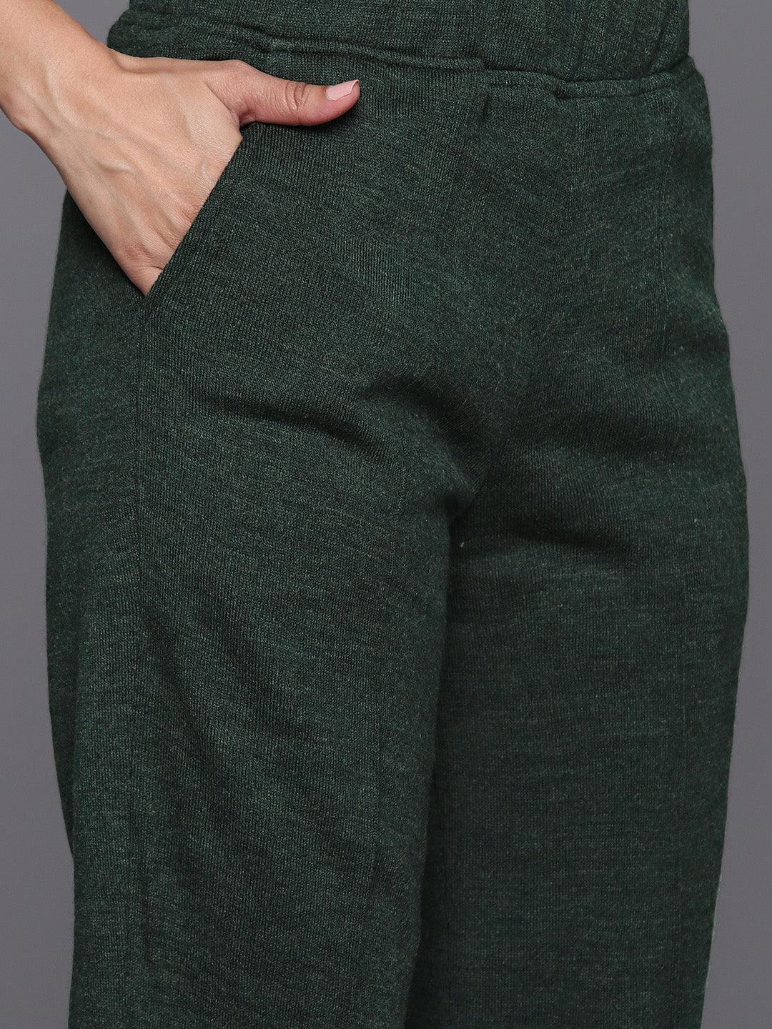 Green Embroidered Wool Straight Kurta With Trousers - ShopLibas 