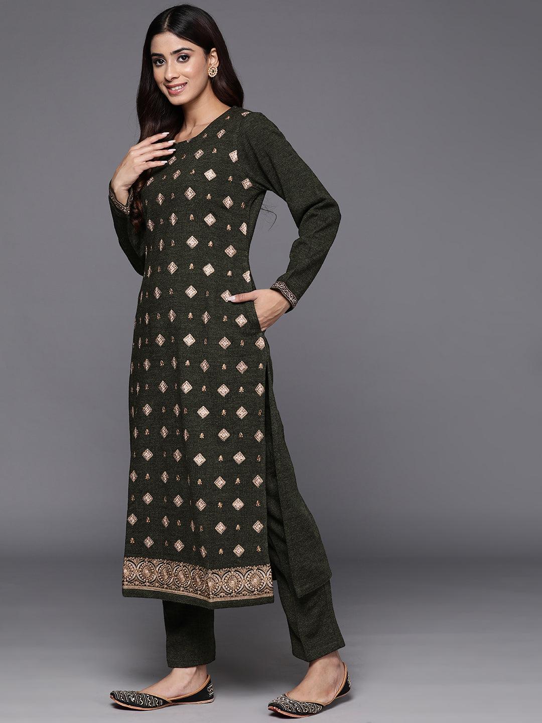Olive Embroidered Wool Straight Kurta With Trousers - ShopLibas 