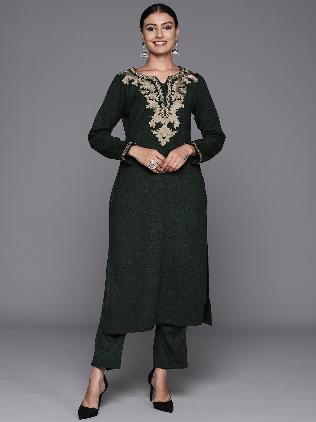 Green Yoke Design Wool Straight Kurta With Trousers - ShopLibas 