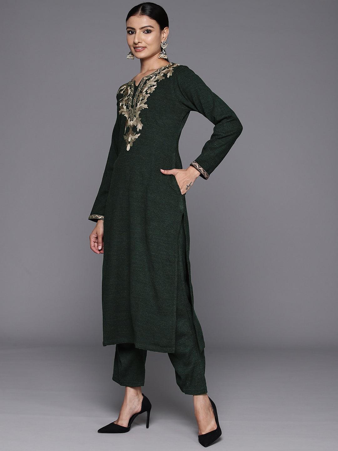 Green Yoke Design Wool Straight Kurta With Trousers - ShopLibas 