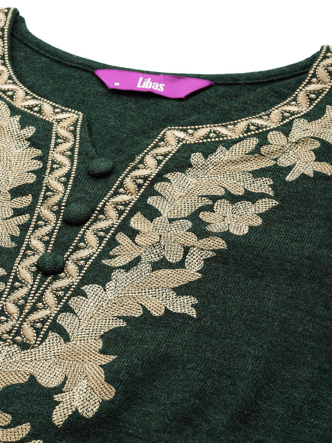 Green Yoke Design Wool Straight Kurta With Trousers - ShopLibas 