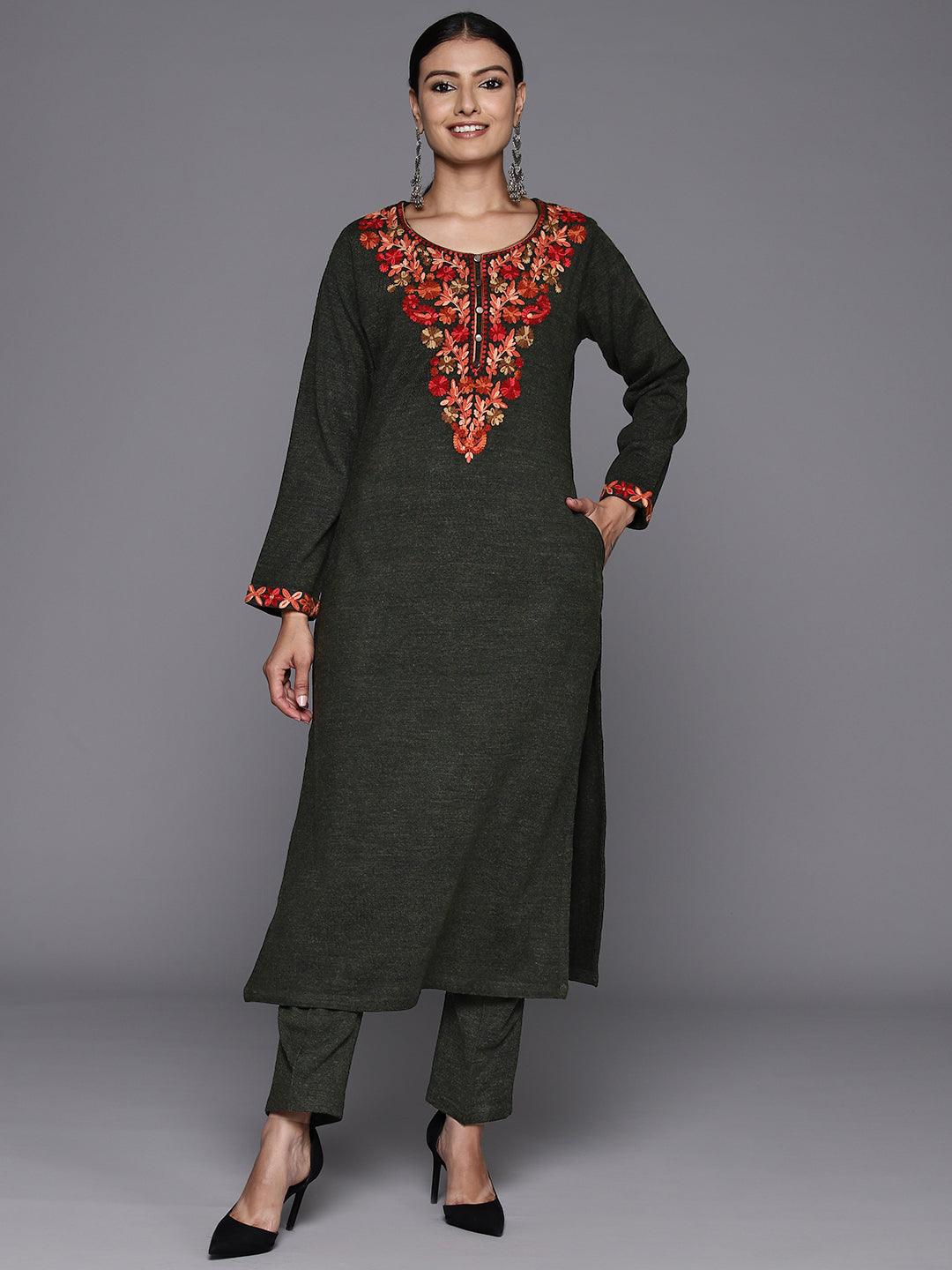 Olive Green Yoke Design Wool Straight Kurta With Trousers - ShopLibas 