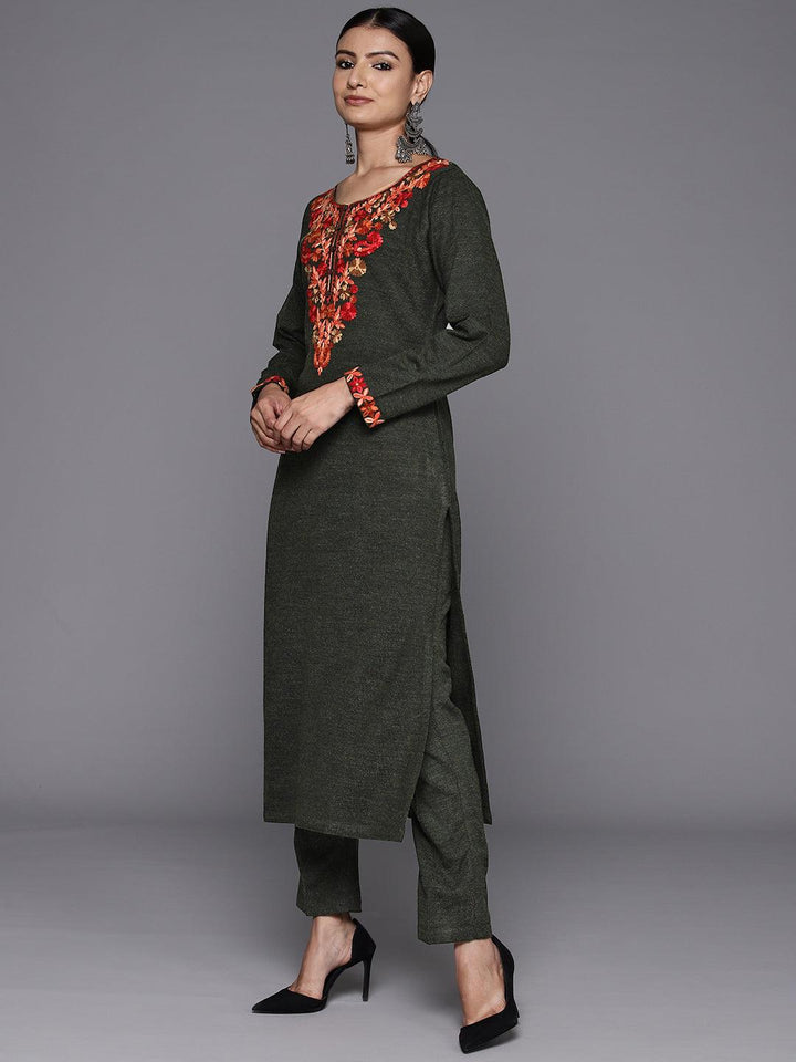 Green Yoke Design Wool Straight Kurta Set