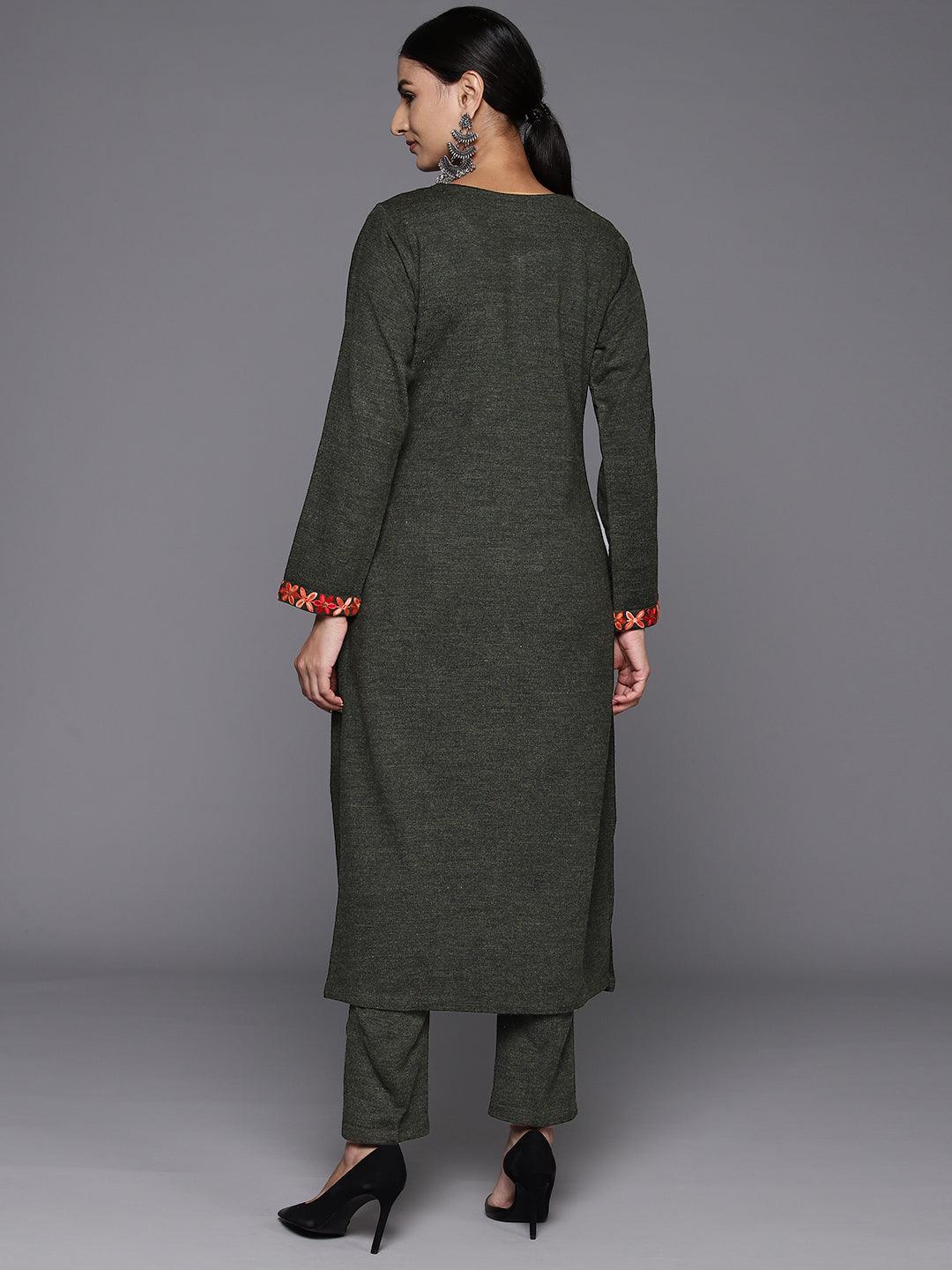 Olive Green Yoke Design Wool Straight Kurta With Trousers - ShopLibas 