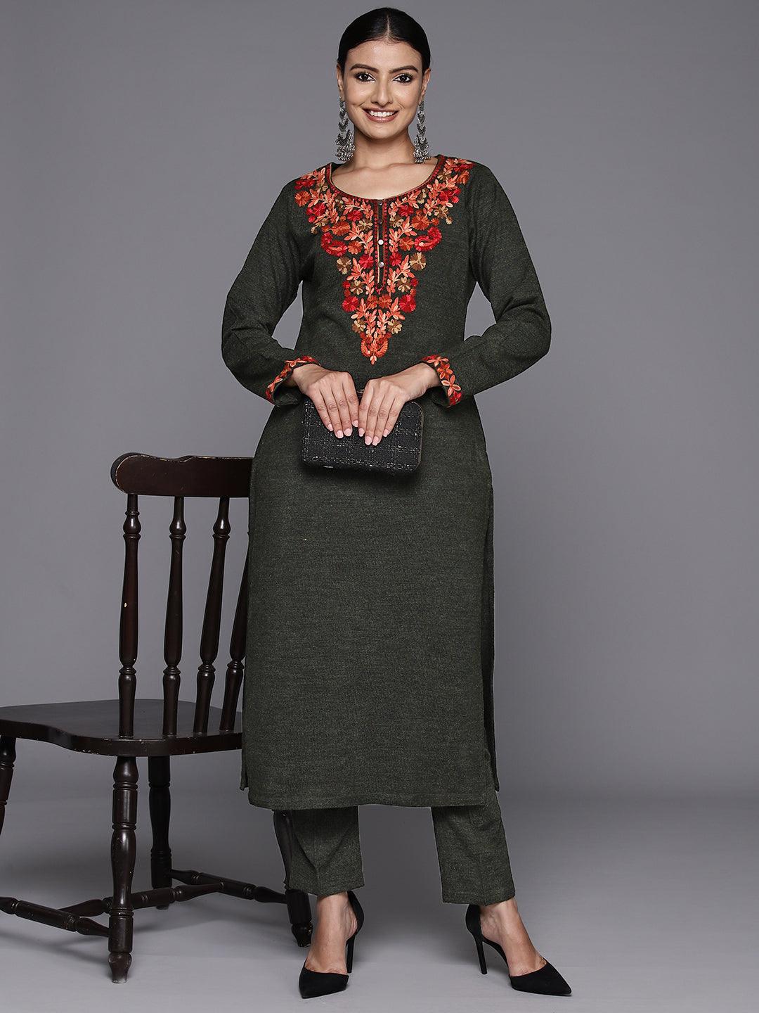 Olive Green Yoke Design Wool Straight Kurta With Trousers - ShopLibas 