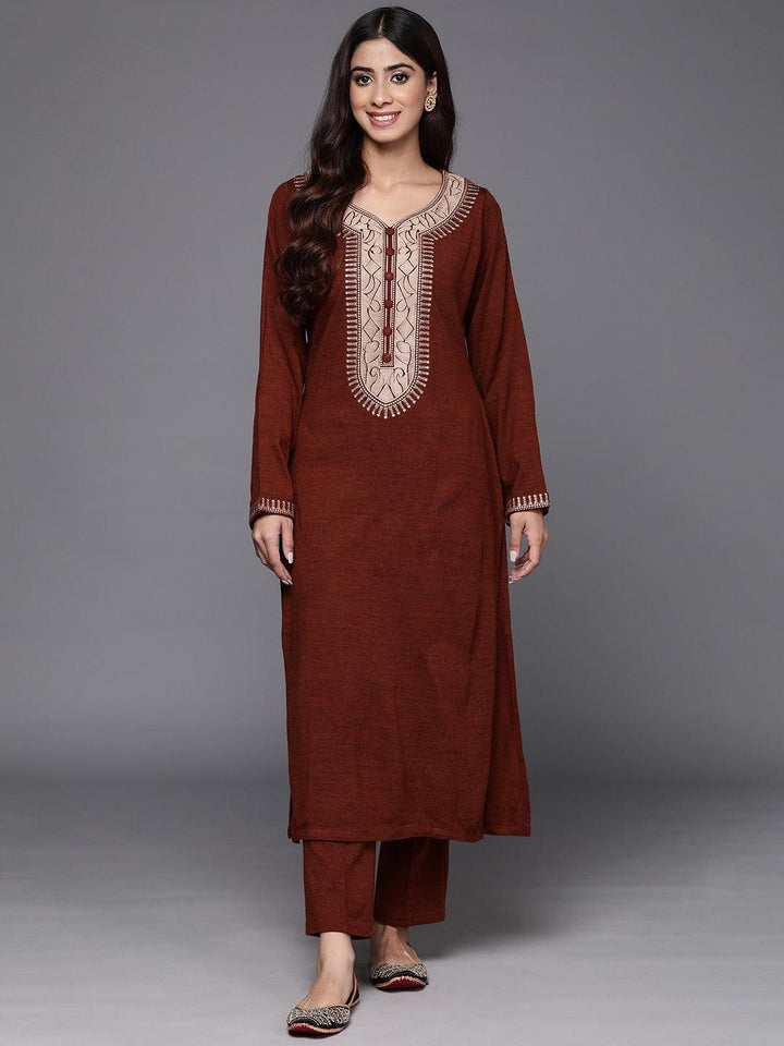 Wine Yoke Design Wool Straight Kurta Set