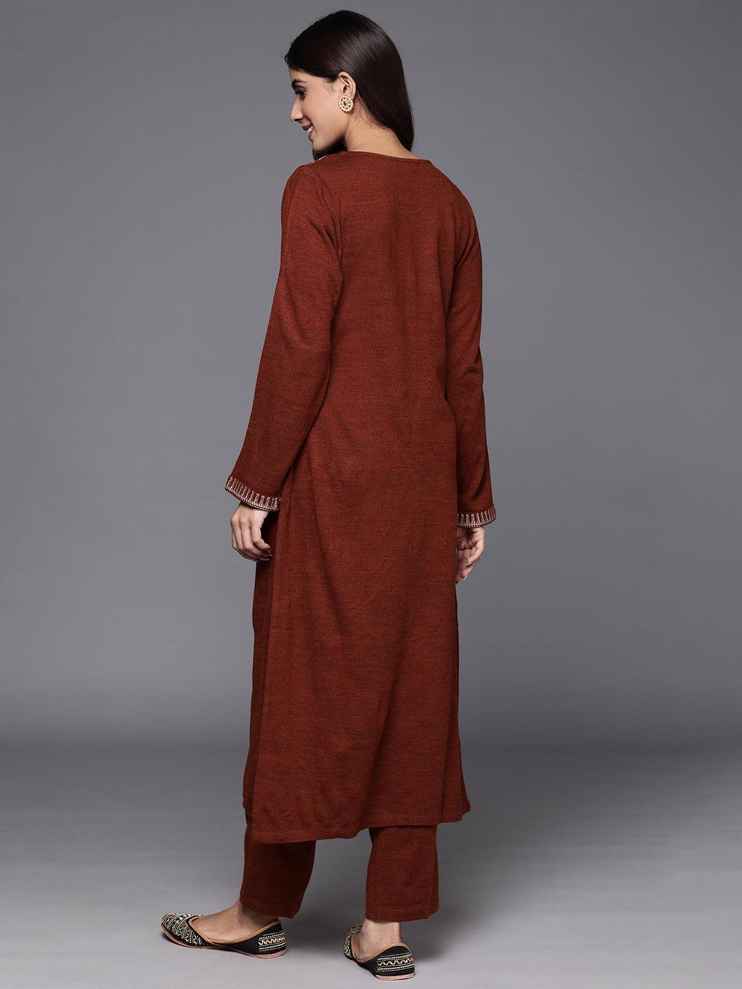 Wine Yoke Design Wool Straight Kurta With Trousers - ShopLibas 