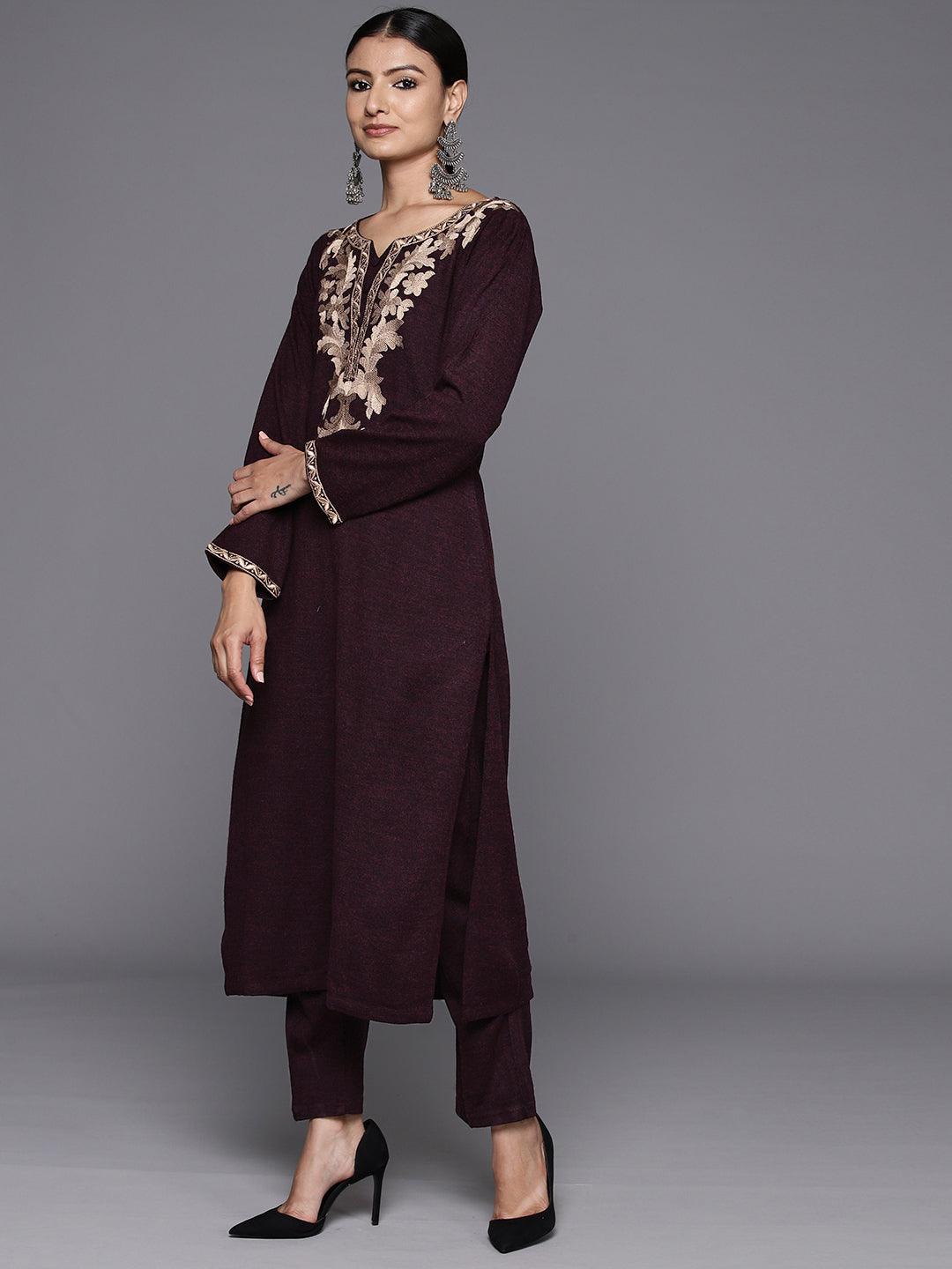 Wine Yoke Design Wool Straight Kurta With Trousers - ShopLibas 