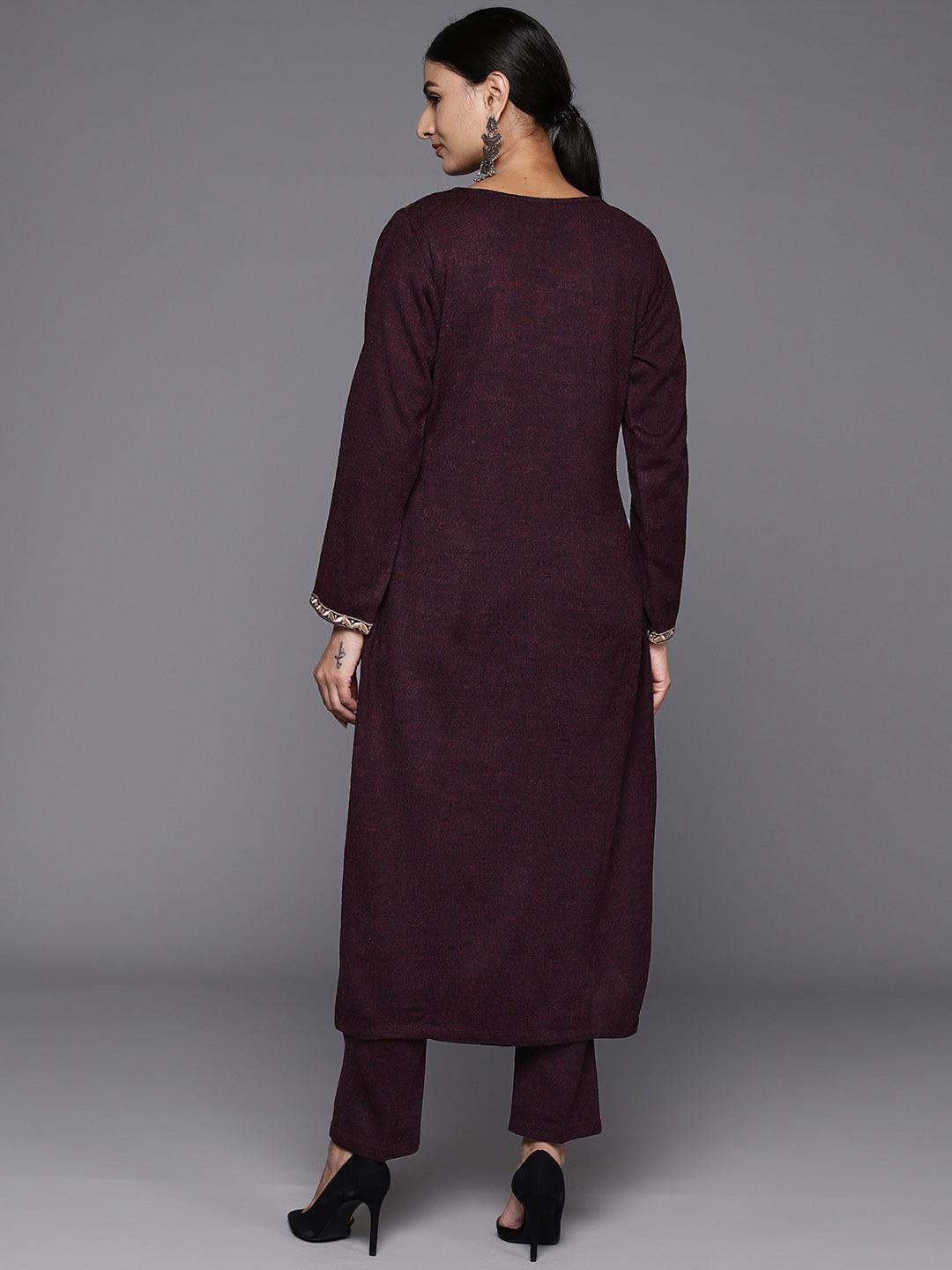 Wine Yoke Design Wool Straight Kurta With Trousers - ShopLibas 