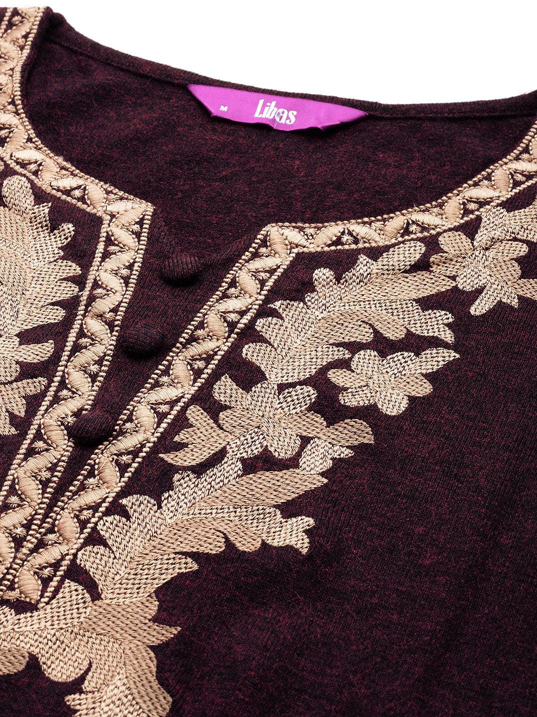 Wine Yoke Design Wool Straight Kurta With Trousers - ShopLibas 