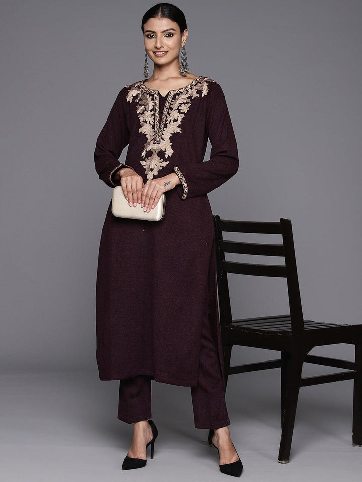 Wine Yoke Design Wool Straight Kurta Set