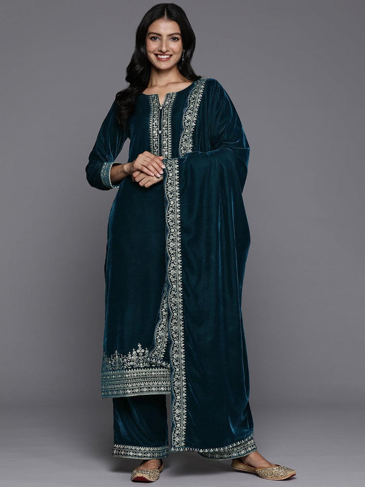 Teal Yoke Design Velvet Straight Suit With Dupatta