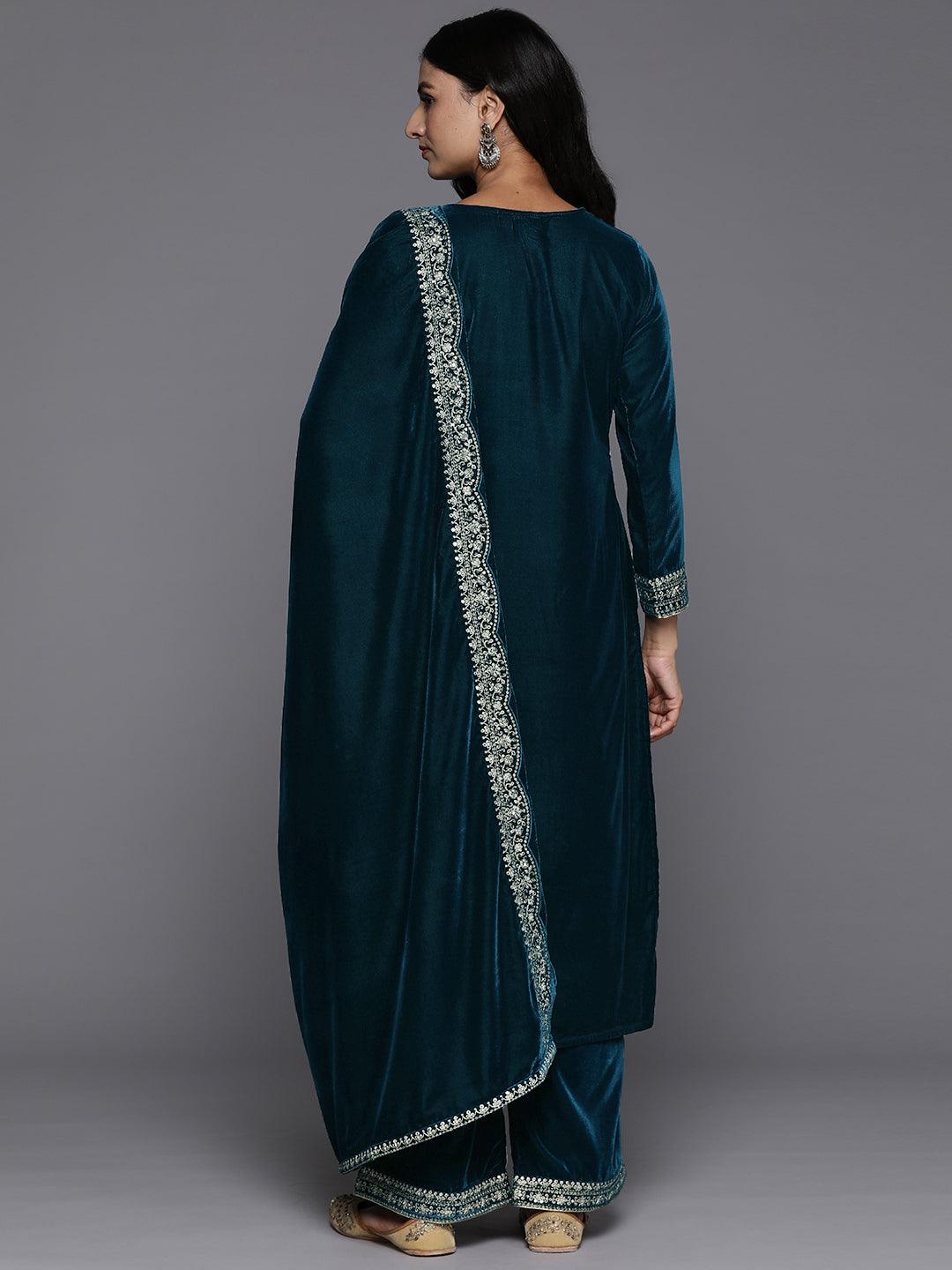Teal Yoke Design Velvet Straight Kurta With Palazzos & Dupatta - ShopLibas 