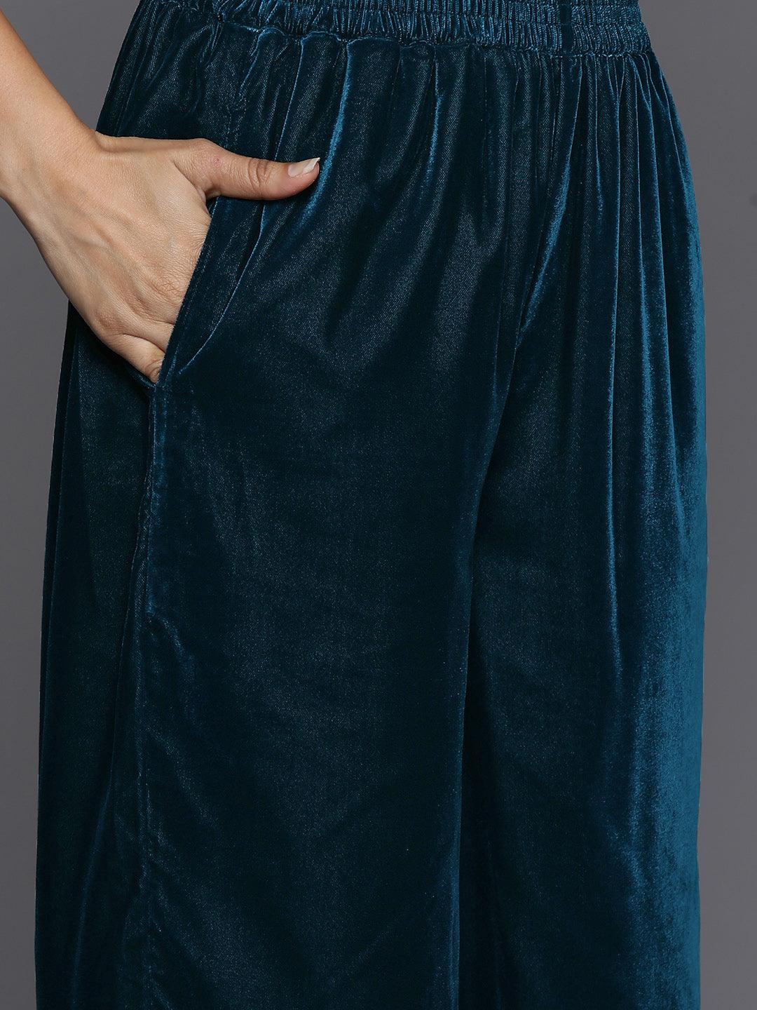 Teal Yoke Design Velvet Straight Kurta With Palazzos & Dupatta - ShopLibas 