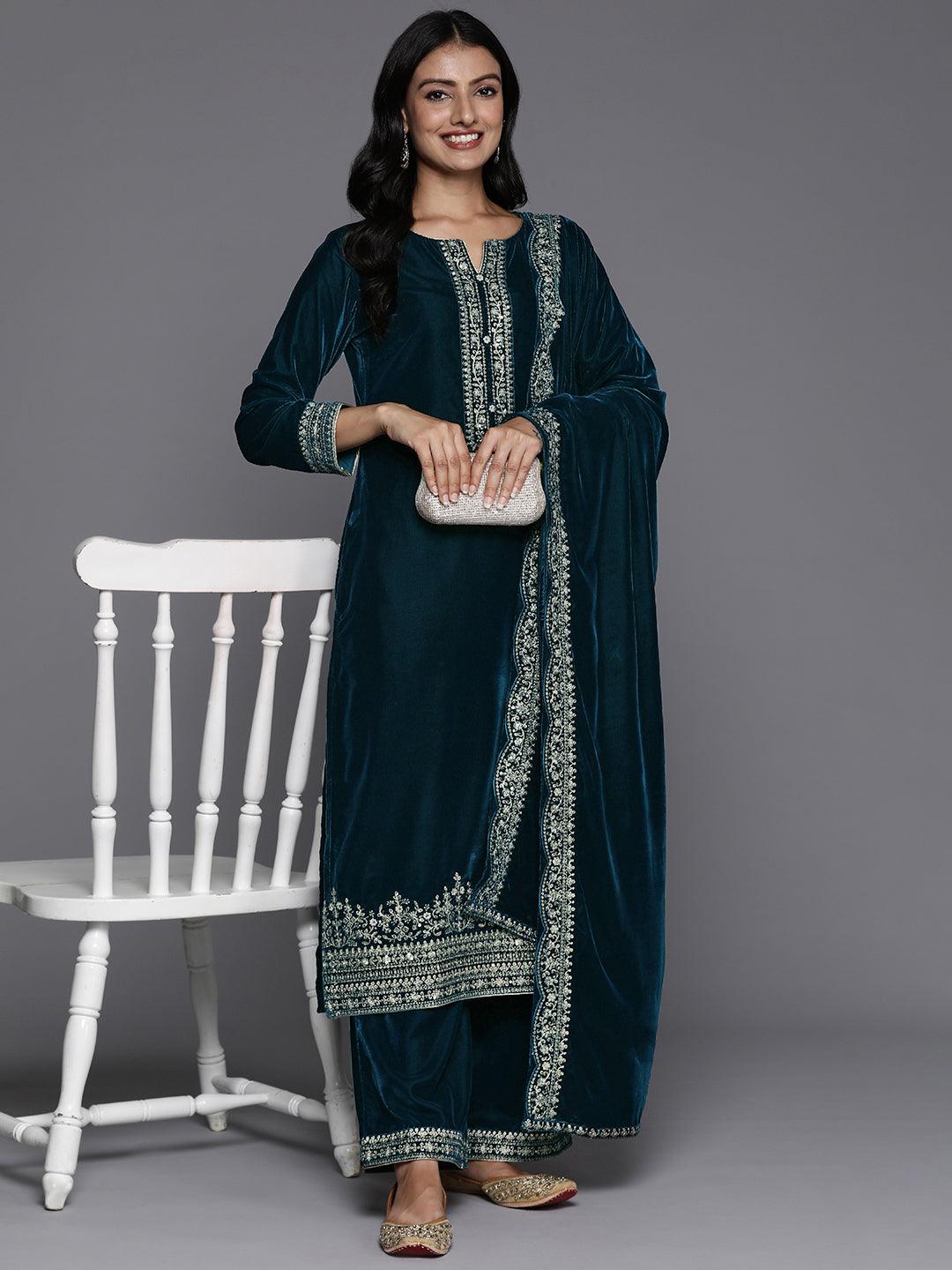Teal Yoke Design Velvet Straight Kurta With Palazzos & Dupatta - ShopLibas 