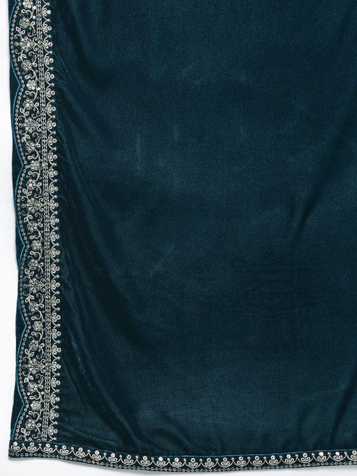 Teal Yoke Design Velvet Straight Suit With Dupatta
