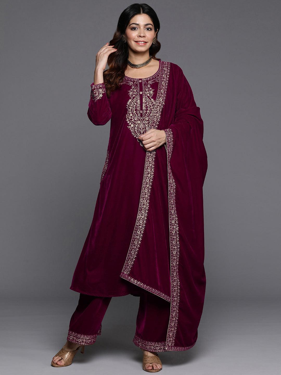 Fuschia Yoke Design Velvet A-Line Kurta With Palazzos & Dupatta - ShopLibas 