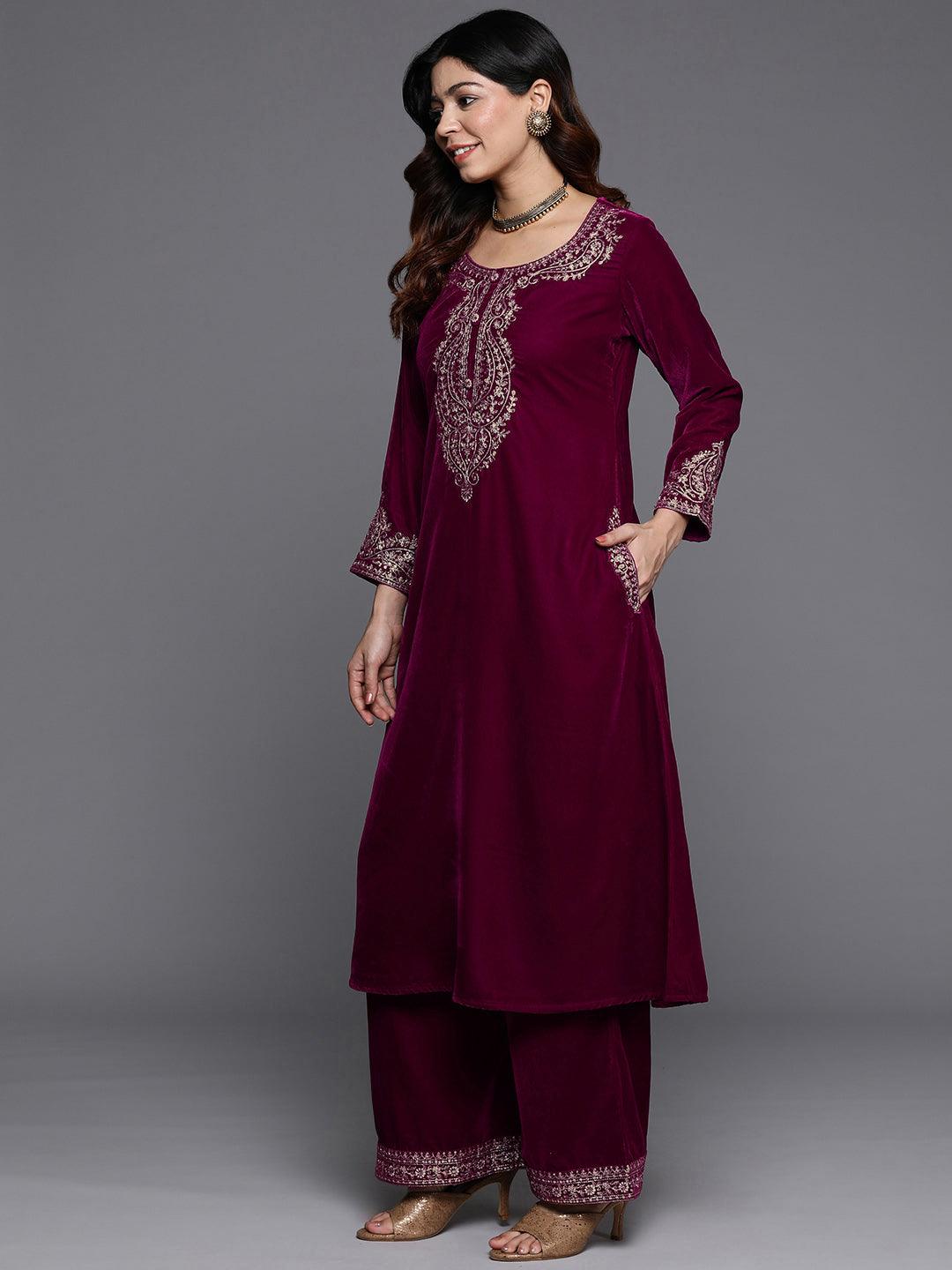 Fuschia Yoke Design Velvet A-Line Kurta With Palazzos & Dupatta - ShopLibas 
