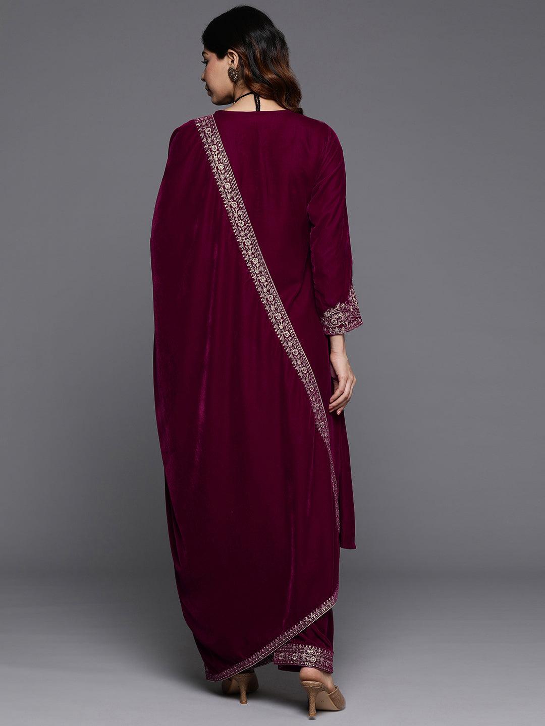 Fuschia Yoke Design Velvet A-Line Kurta With Palazzos & Dupatta - ShopLibas 