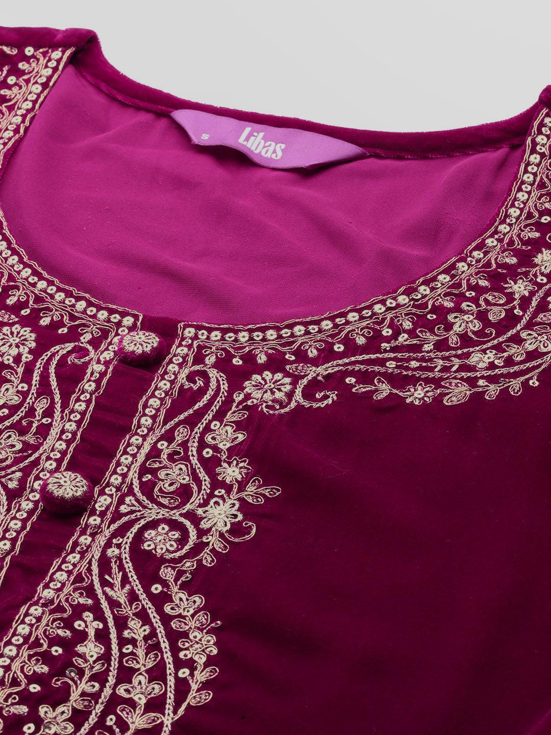 Fuschia Yoke Design Velvet A-Line Kurta With Palazzos & Dupatta - ShopLibas 