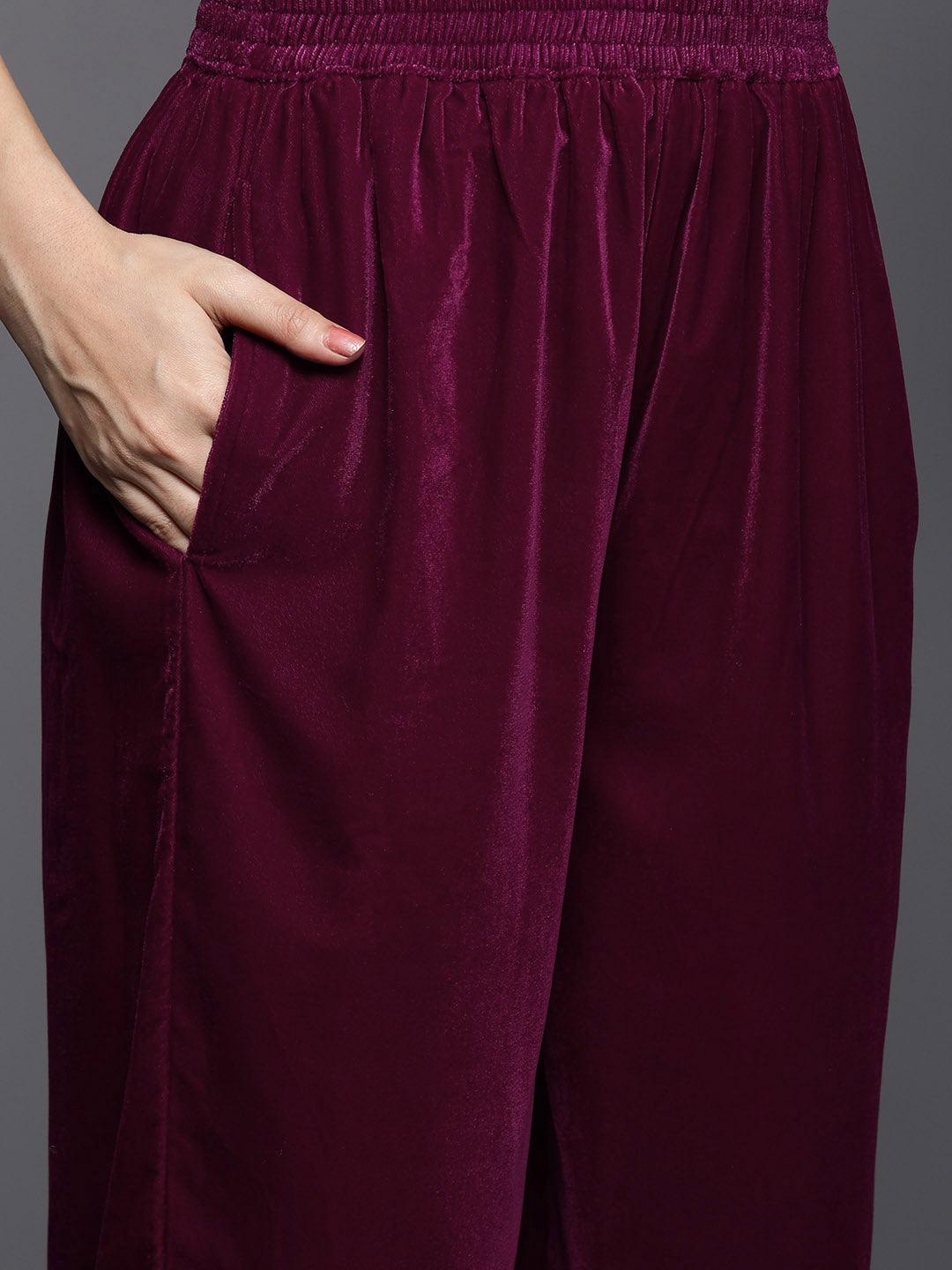 Fuschia Yoke Design Velvet A-Line Kurta With Palazzos & Dupatta - ShopLibas 