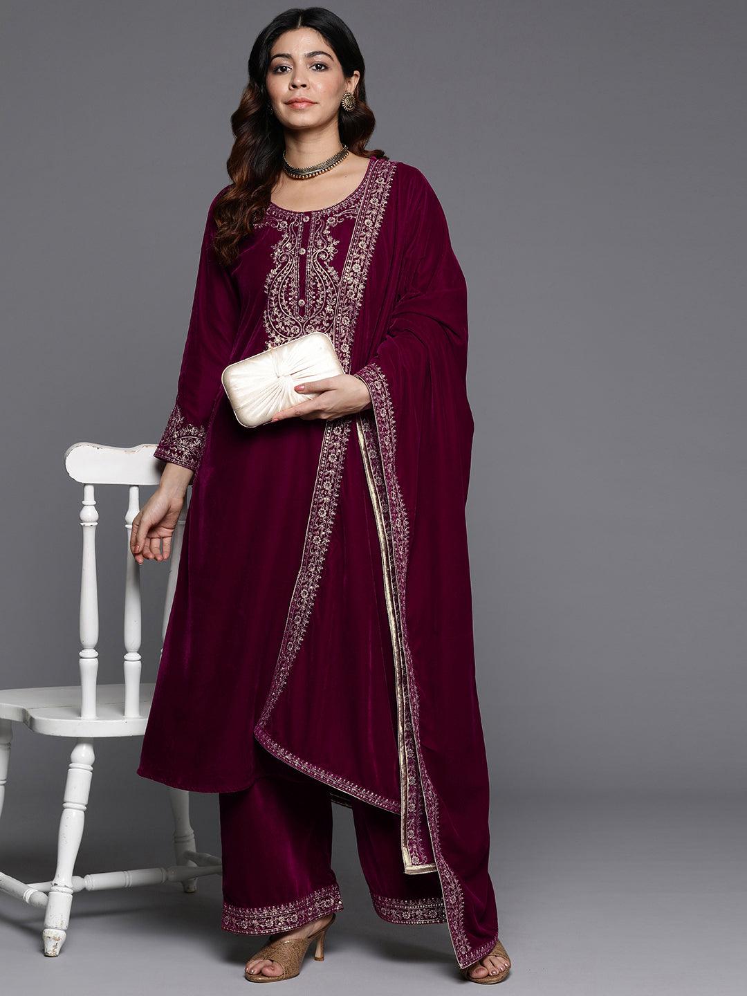 Fuschia Yoke Design Velvet A-Line Kurta With Palazzos & Dupatta - ShopLibas 