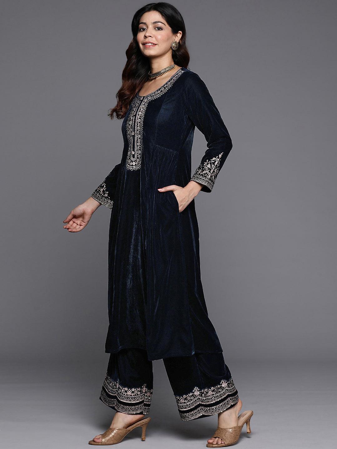 Navy Yoke Design Velvet A-Line Kurta With Palazzos & Dupatta - ShopLibas 