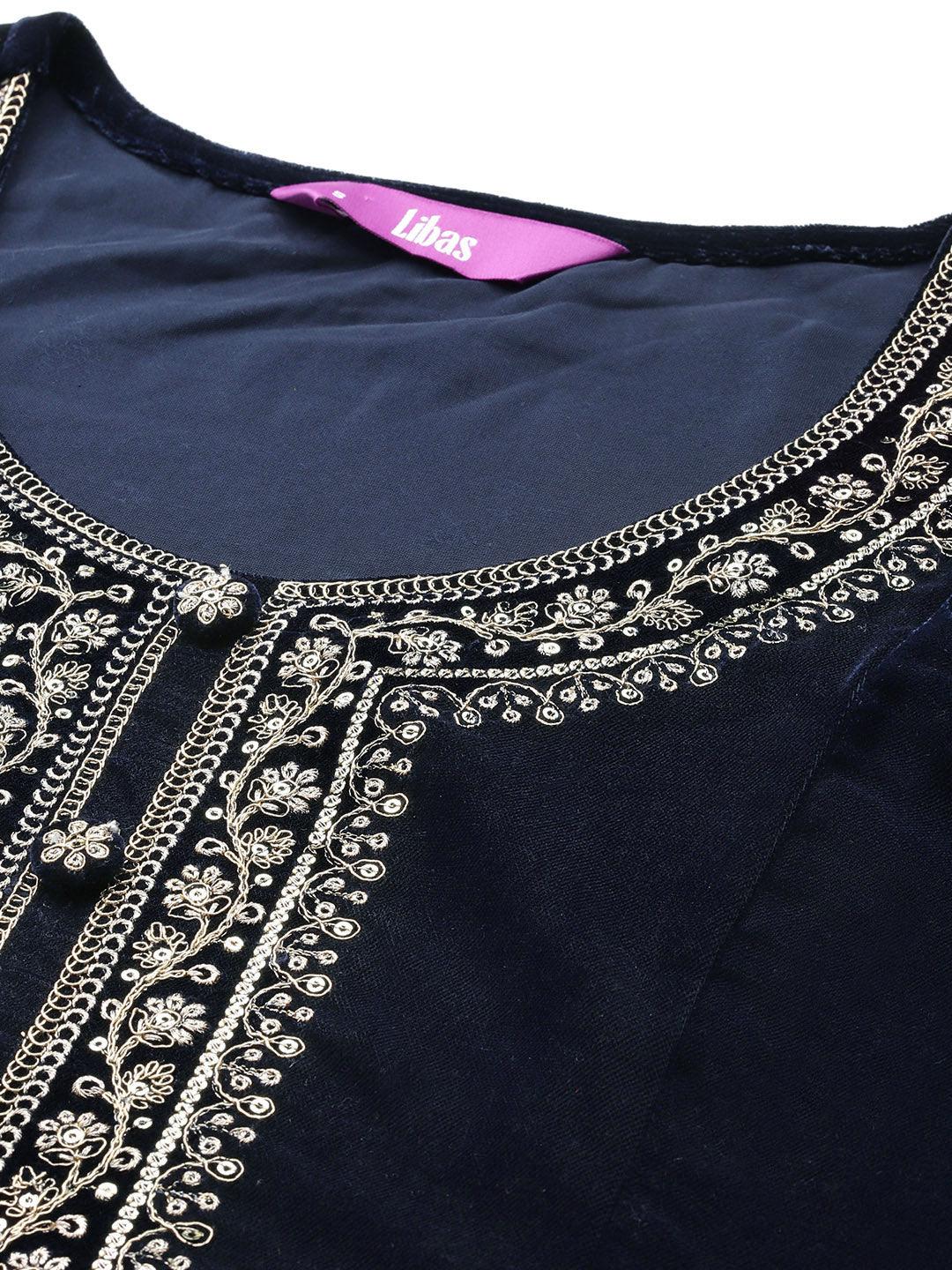Navy Yoke Design Velvet A-Line Kurta With Palazzos & Dupatta - ShopLibas 