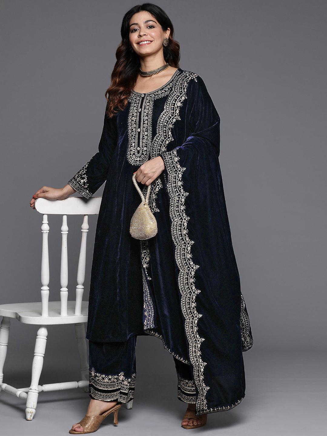 Navy Yoke Design Velvet A-Line Kurta With Palazzos & Dupatta - ShopLibas 