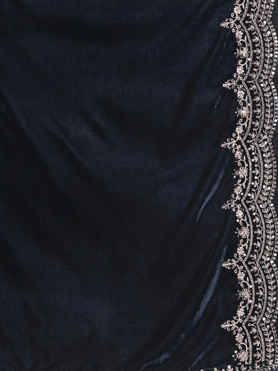 Navy Yoke Design Velvet A-Line Kurta With Palazzos & Dupatta - ShopLibas 