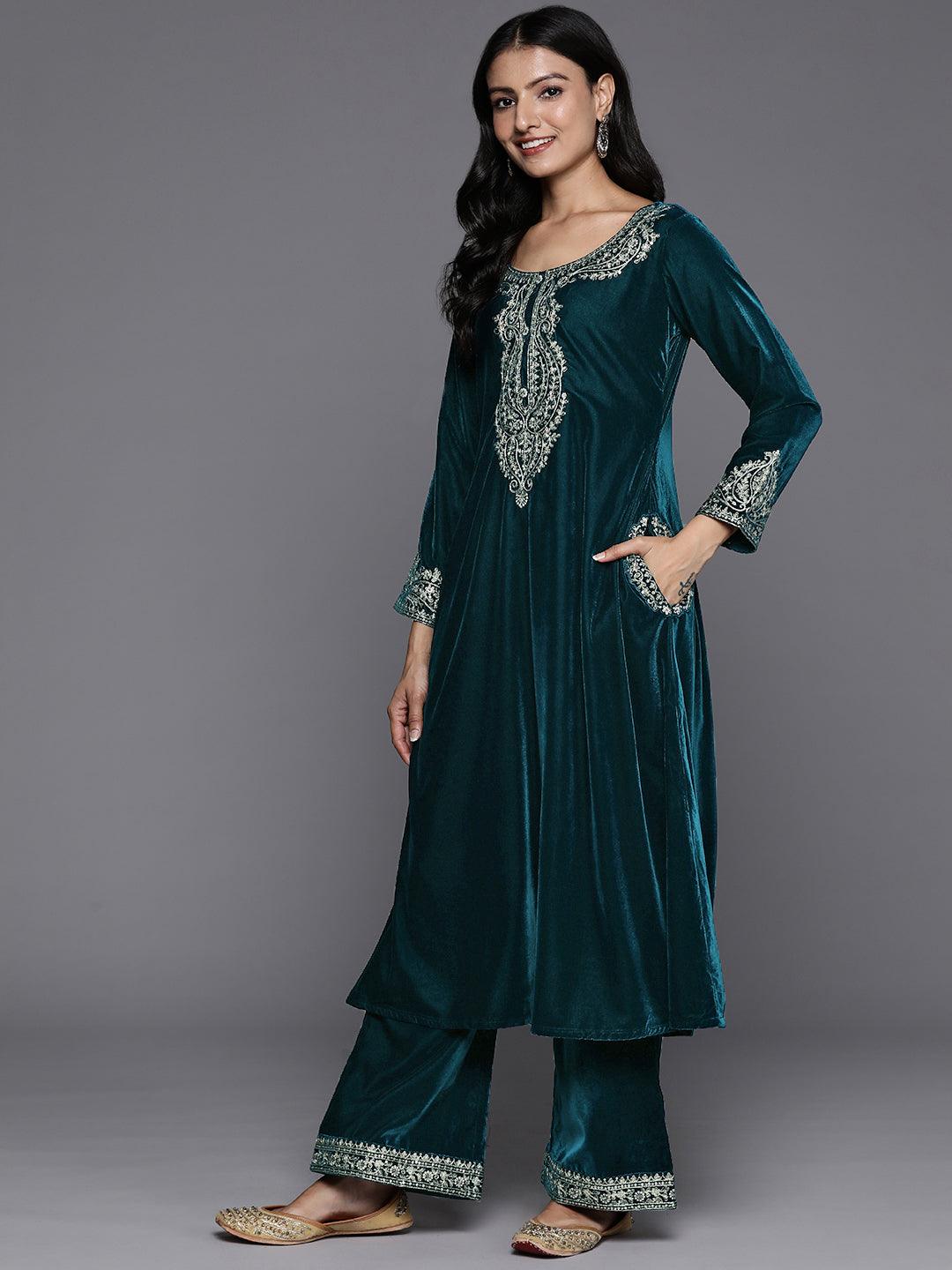 Teal Yoke Design Velvet A-Line Kurta With Palazzos & Dupatta - ShopLibas 
