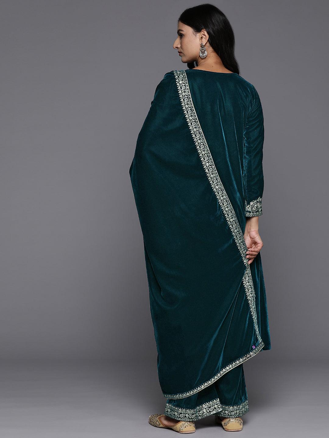Teal Yoke Design Velvet A-Line Kurta With Palazzos & Dupatta - ShopLibas 