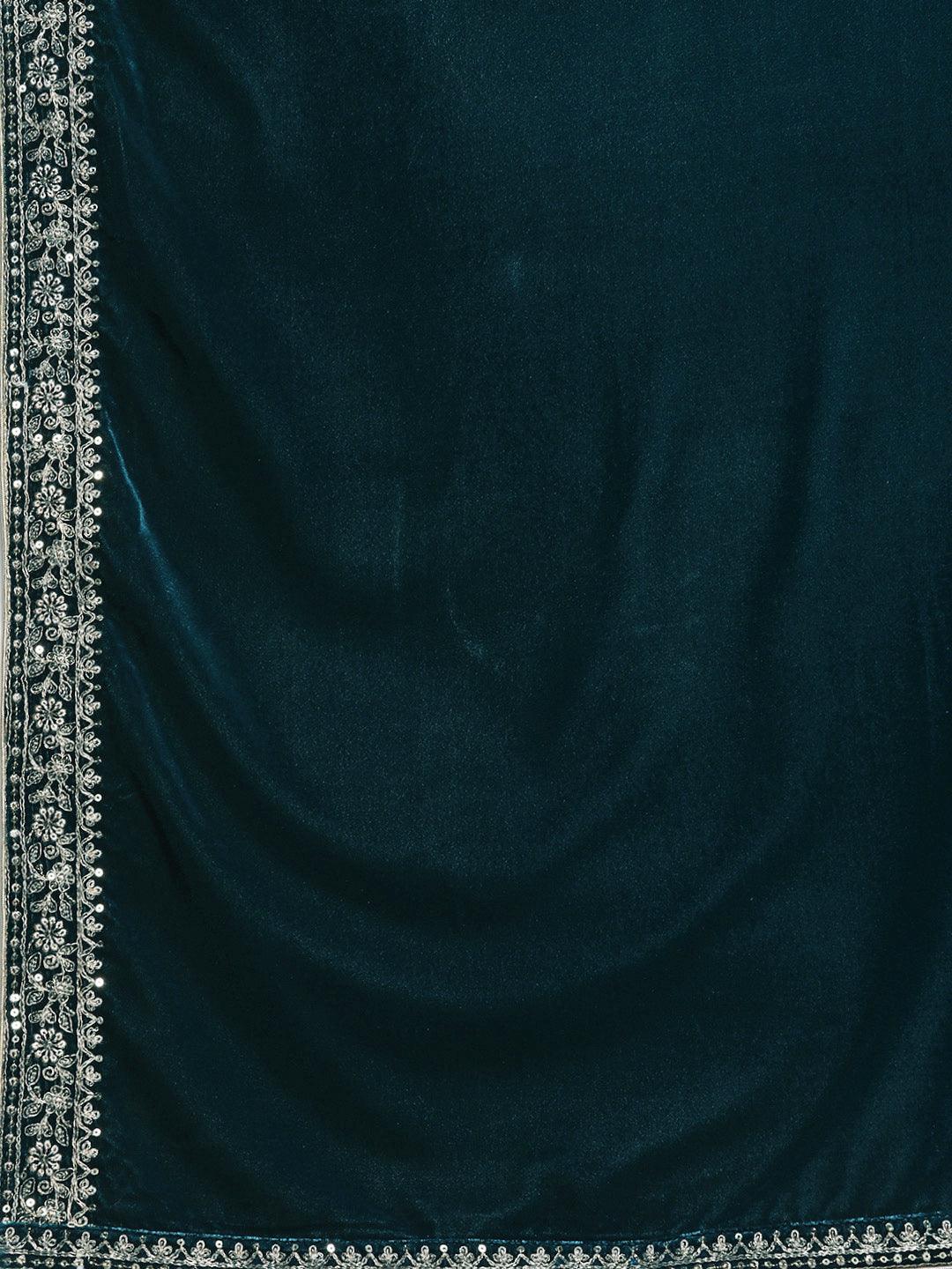Teal Yoke Design Velvet A-Line Kurta With Palazzos & Dupatta - ShopLibas 