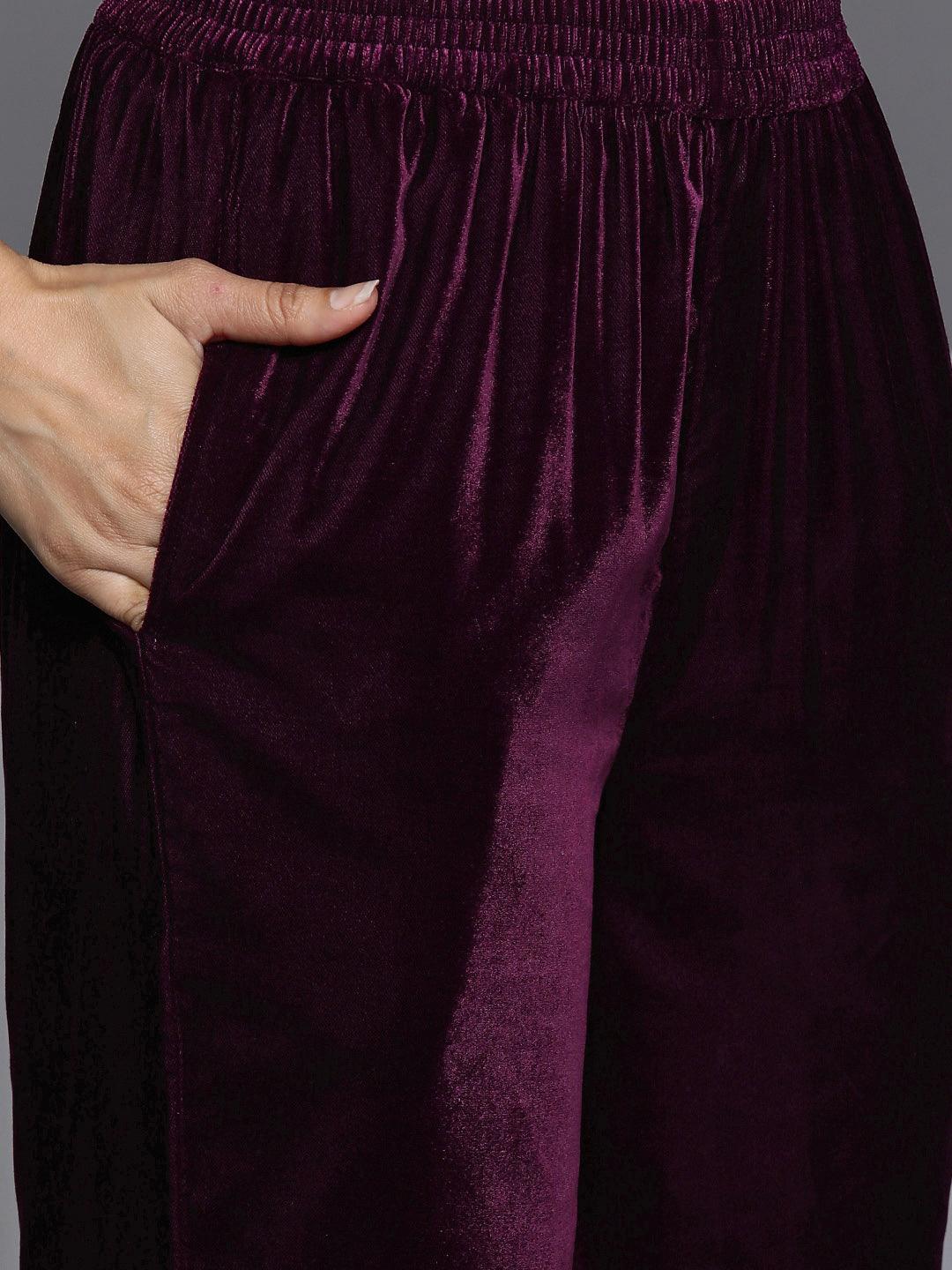 Purple Embroidered Velvet A-Line Kurta With Trousers & Dupatta - ShopLibas 